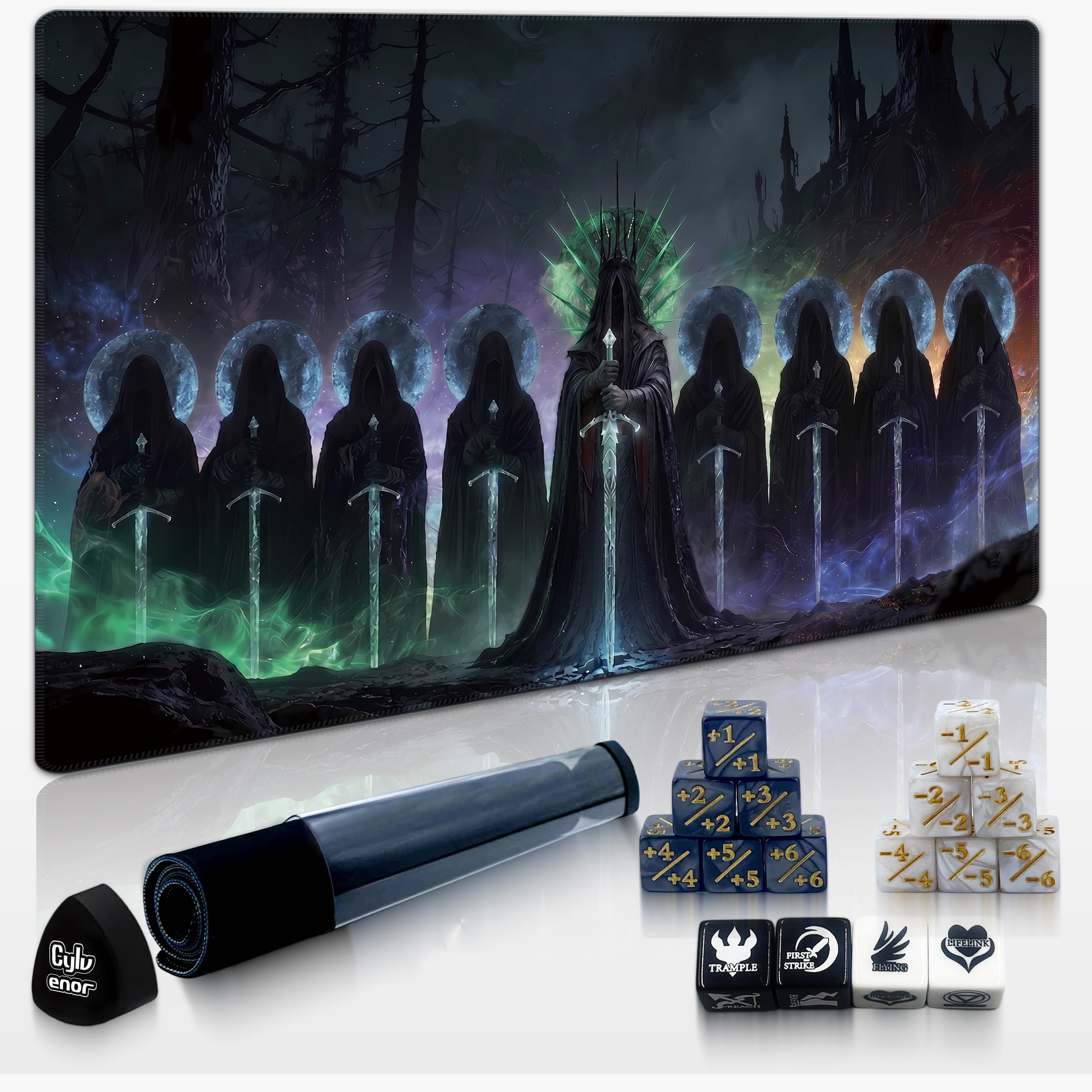 Cylvenor 24"x14" MTG Playmat with Storage Tube & 16-Piece Dice Set - Non-Slip Rubber TCG Card Game Mat, Stitched Edges Tabletop Gaming Mat (The Nine, LOTR Series)