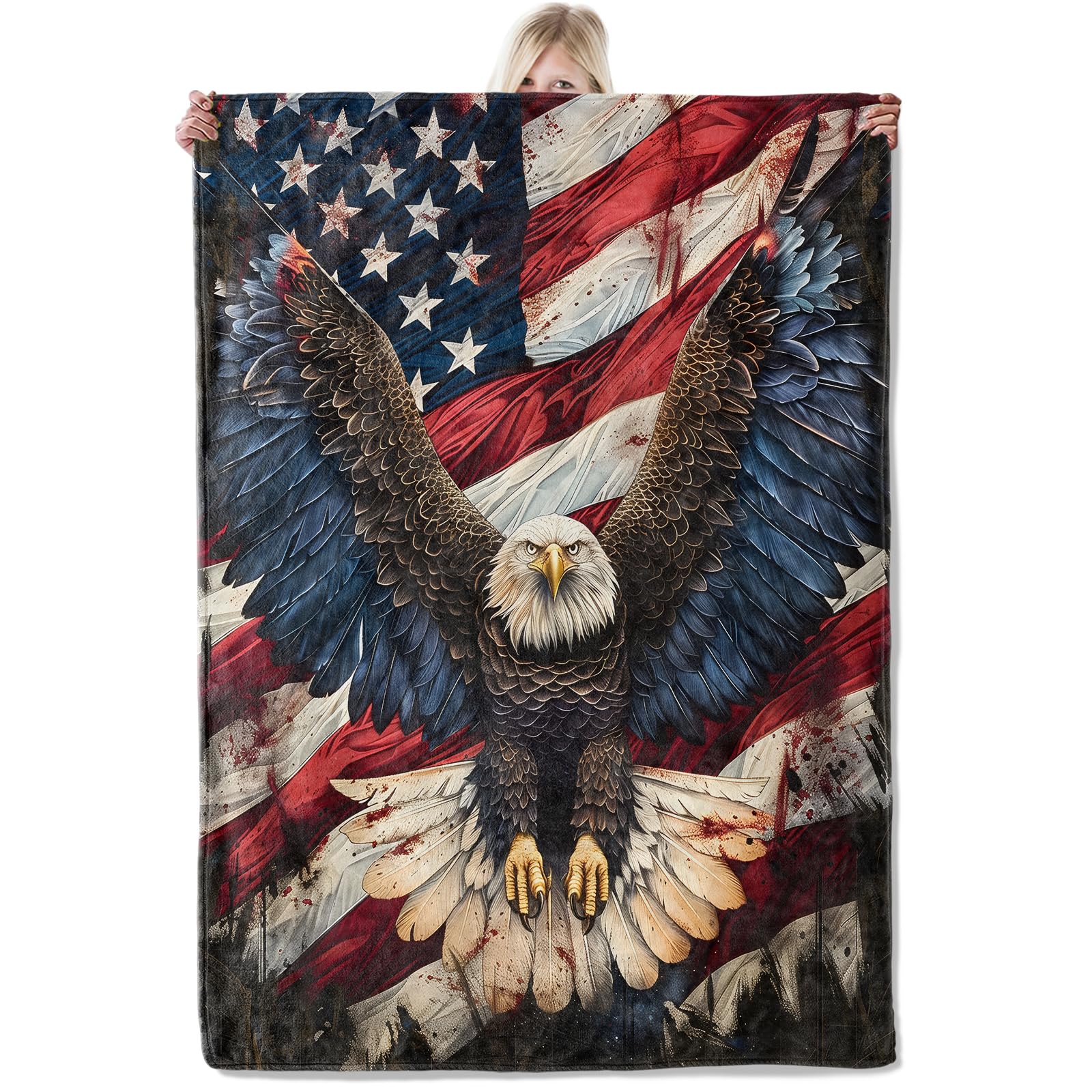 ICAAV American Bald Eagle Flannel Blanket 50x60in,Patriotic Throw with Flying Eagle & USA Flag Design,Gifts Soft Lightweight Blankets for Veterans,Men