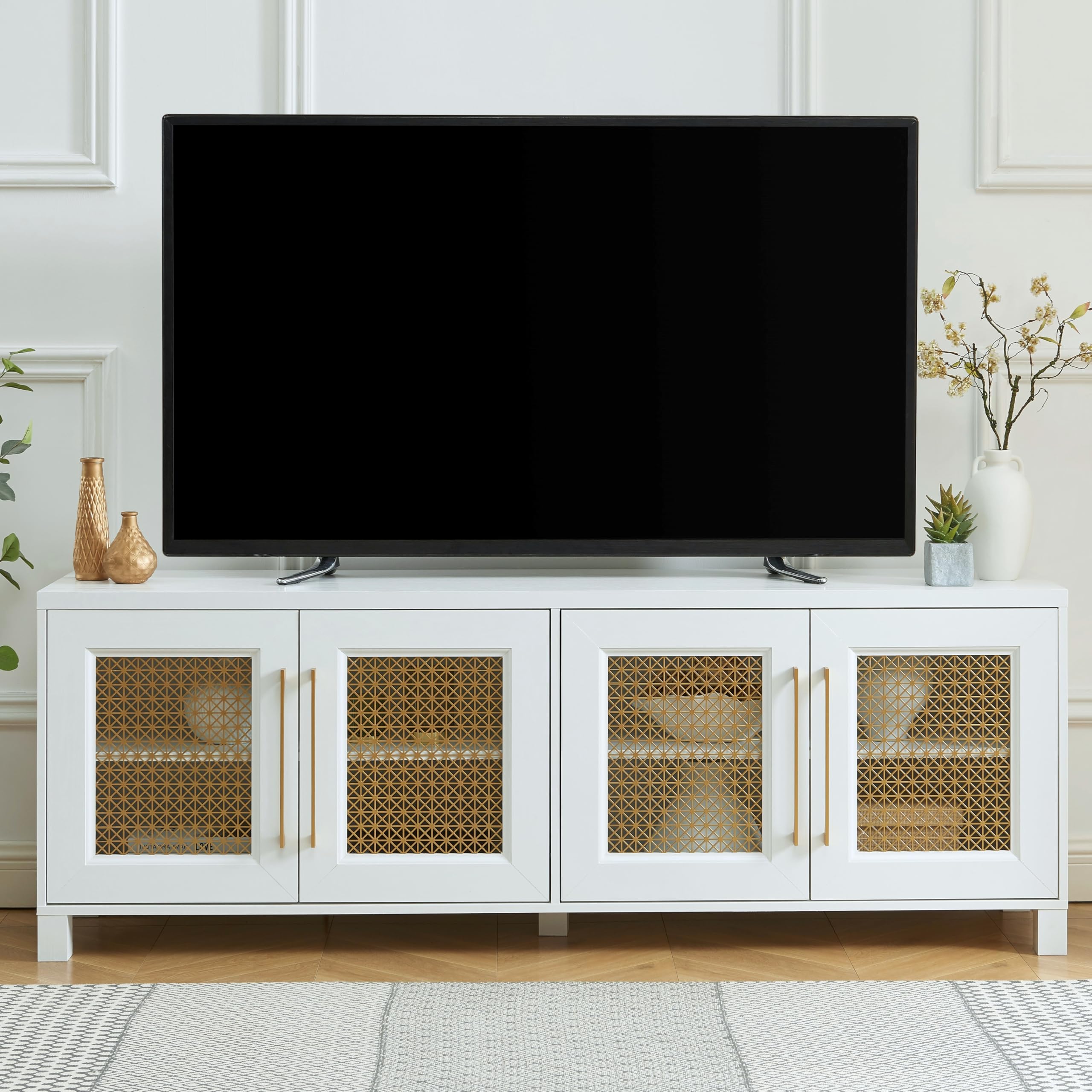 JYED Boho TV Stand for 65/70/75 inch TV, White TV & Media Console with 4 Gold Metal Mesh Doors - Modern Entertainment Center with Storage Cabinets for