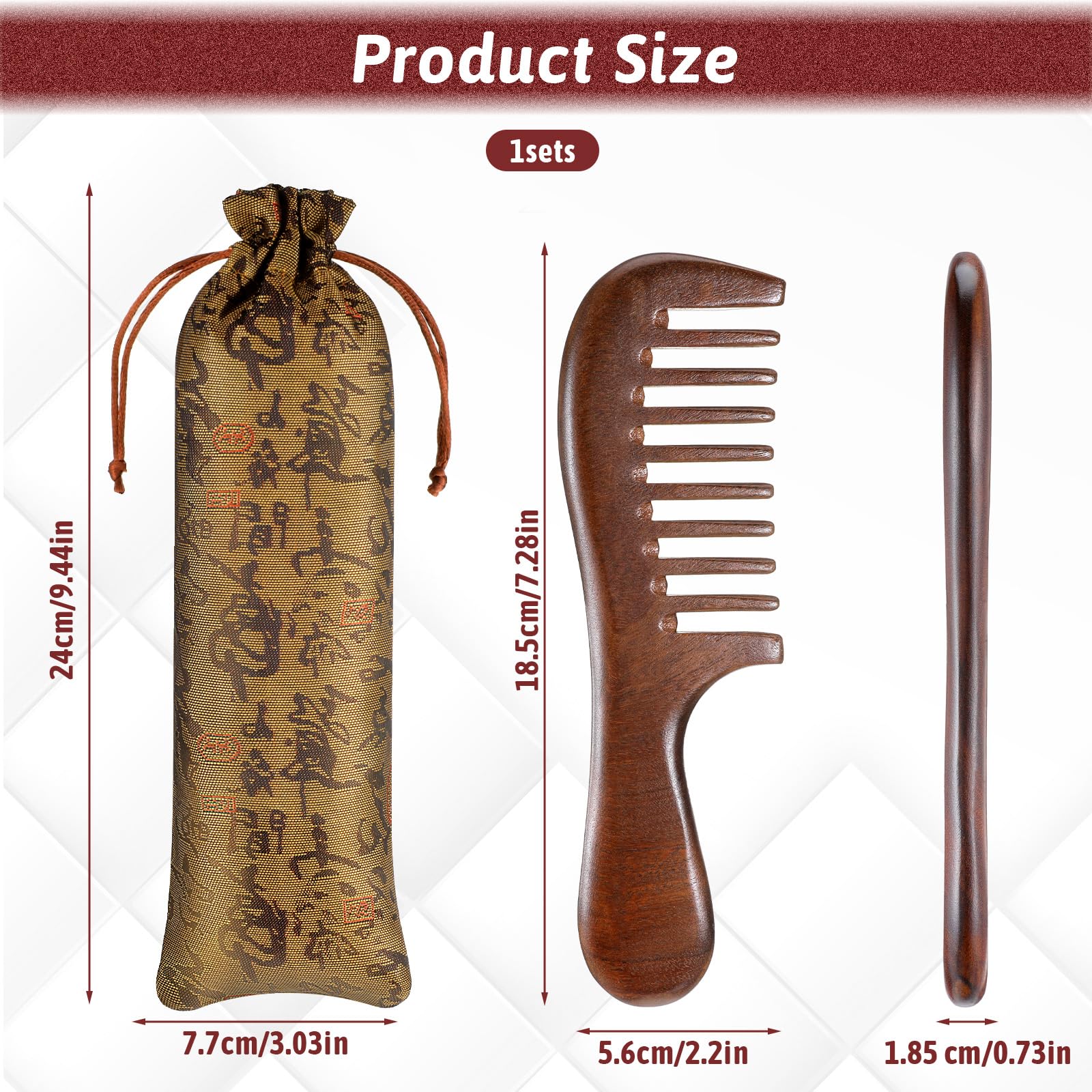 Thicken Wooden Wide Tooth Comb for Curls Sandalwood Comb Anti-Static Large Natural Sandalwood Wooden Combs with Exquisite Chinese Storage Bag Curly Hair Combs for Women Men - Image 2