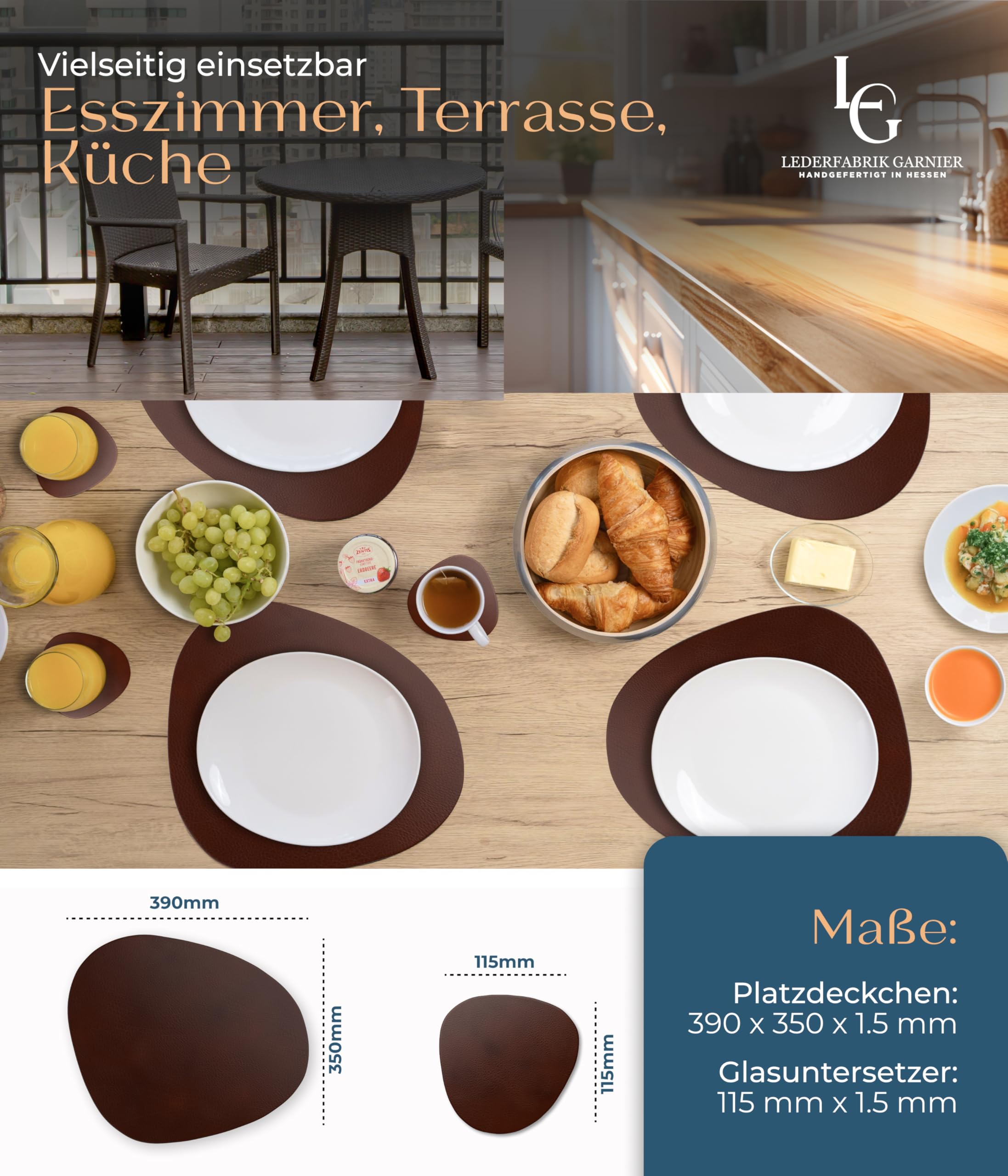Lederfabrik Garnier® Place Mats and Coasters, Set of 4, Washable, Genuine Recycled Leather, Placemats - Image 4