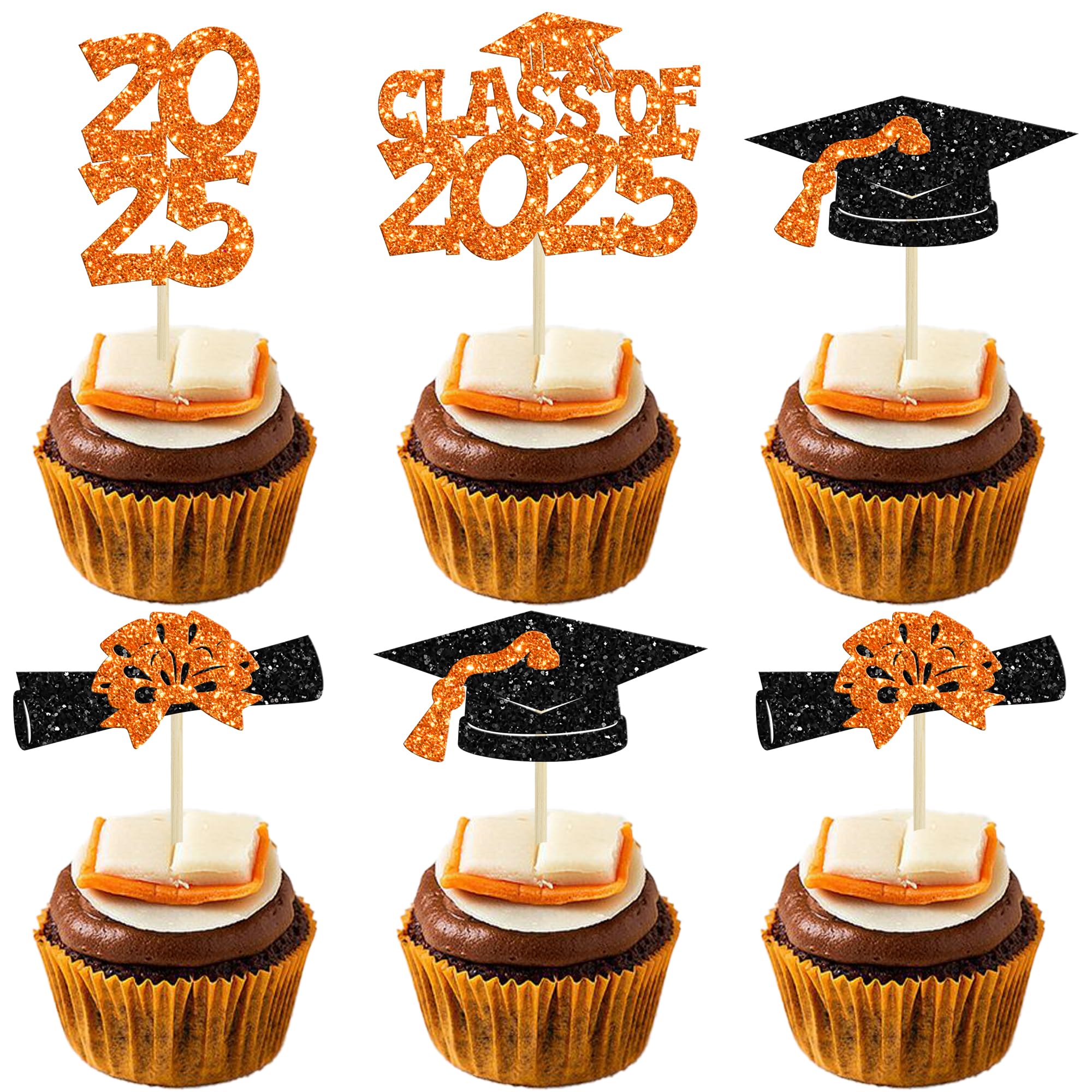 Ephlyn 36Pcs 2026 Graduation Theme Cupcake Toppers Glitter Class of 2026 Congrats Grad Diploma Graduation Cap Cupcake Picks for 2026 Graduation Theme Party Cake Decorations Supplies Orange