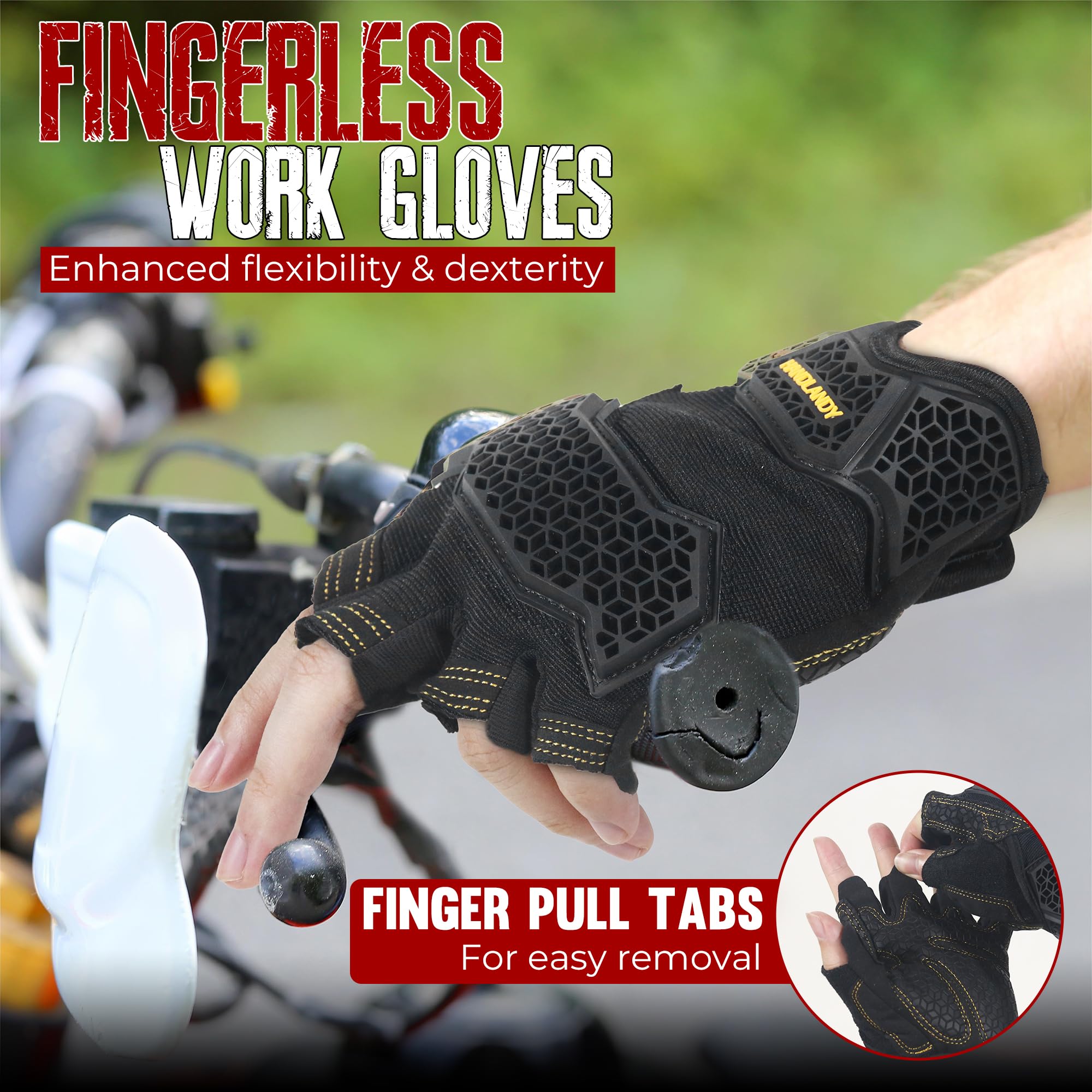 HANDLANDY Fingerless Work Gloves, Men Women Padded Half Finger Framer Mechanic Construction Carpentry Working Gloves (Ebony Black, L) - Image 3