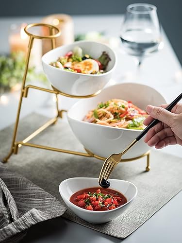 Miniatura 7 de Juego de cuencos de porcelana para servir aperitivos con 2 compartimentos, estante de tacos para patatas fritas y inmersiones, juego de servir barra