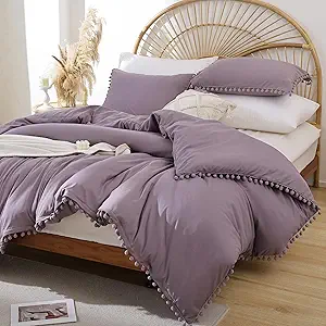 YIRDDEO Full Size Comforter Sets - Full Size Comforter with Ball Pom Fringe, Soft Bedding Set for All Seasons - 3 Pieces, 1 Comforter (79"x90") & 2 Pillow Shams(20"x26"), Dusty Purple