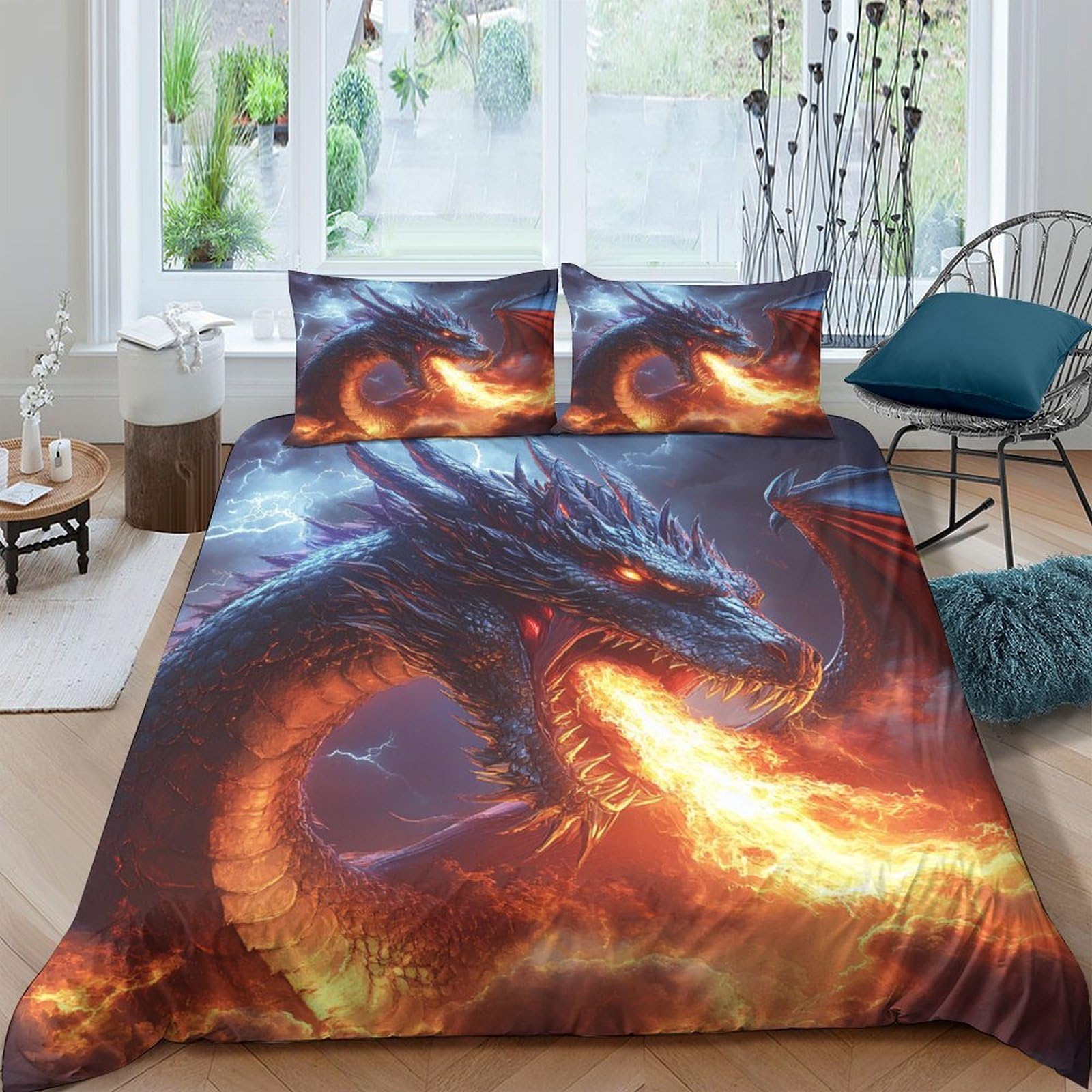 Ctjqhvkz Style-2 3D Printed Fire Dragon Fitted Sheet Microfiber Soft Breathable Fantasy Mattress Cover For Bedroom Dorm Decor Single（135X200cm）
