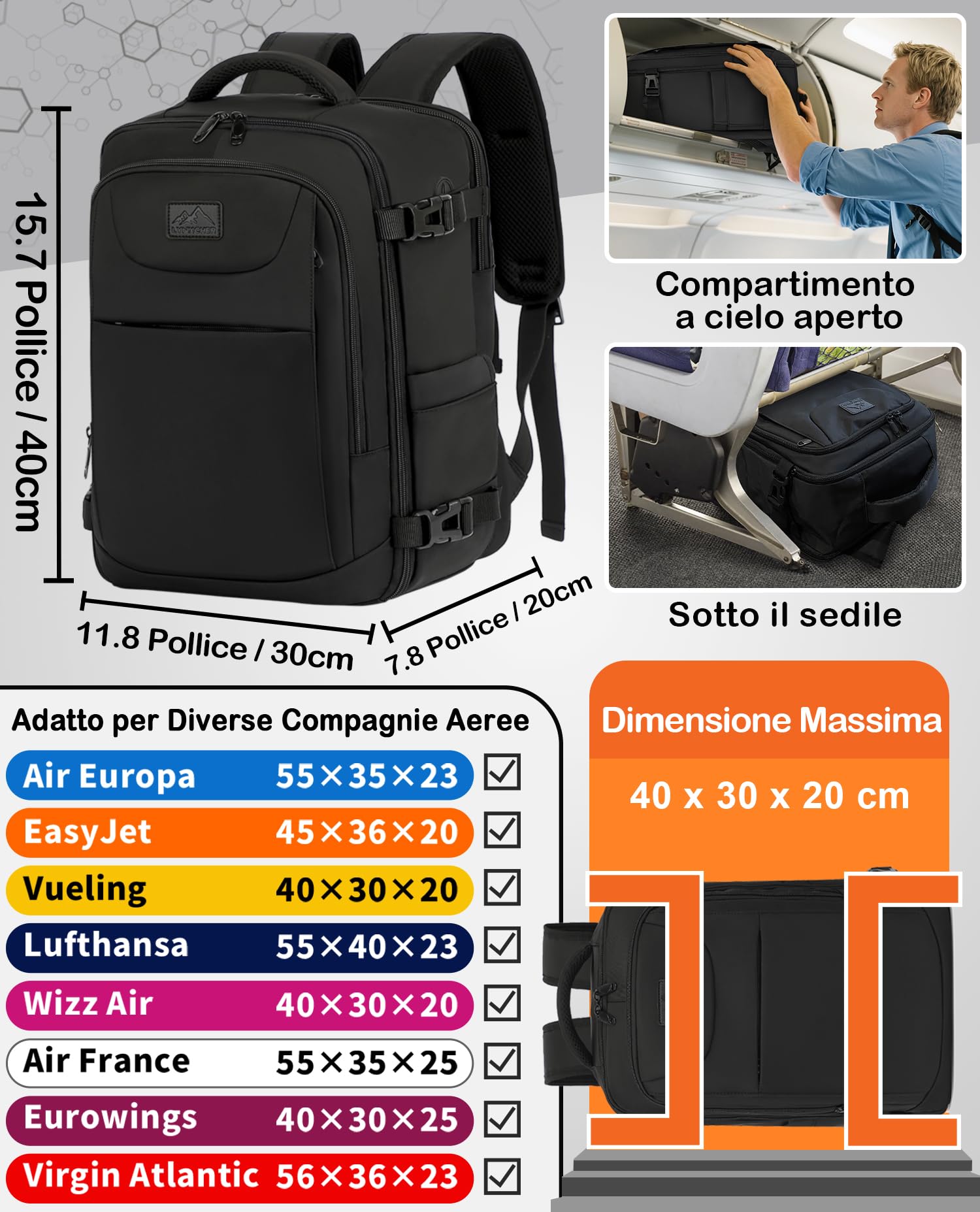 LYNXCHER Zaino Ryanair Easyjet 40x30x20 Zaino da Viaggio-Bagaglio a Mano Aereo Piccolo Borsa da Cabina 24L per Uomo e Donna da Viaggio Lavoro Trekking Scuola,14 Pollici Zaino Porta PC Nero