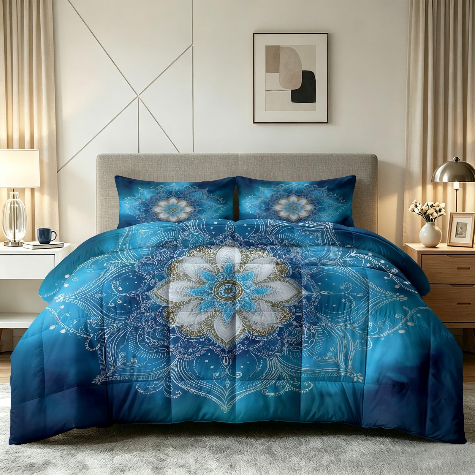 Modern Mysteriös Bettdecken 135x200cm 4 Jahreszeiten, Waschbar Bügelfrei Bettdecke ohne Bezug - Mandala Geometrie Hautfreundlich und Thermisch Ganzjahresdecke mit 2 Kissenbezug 80x80cm