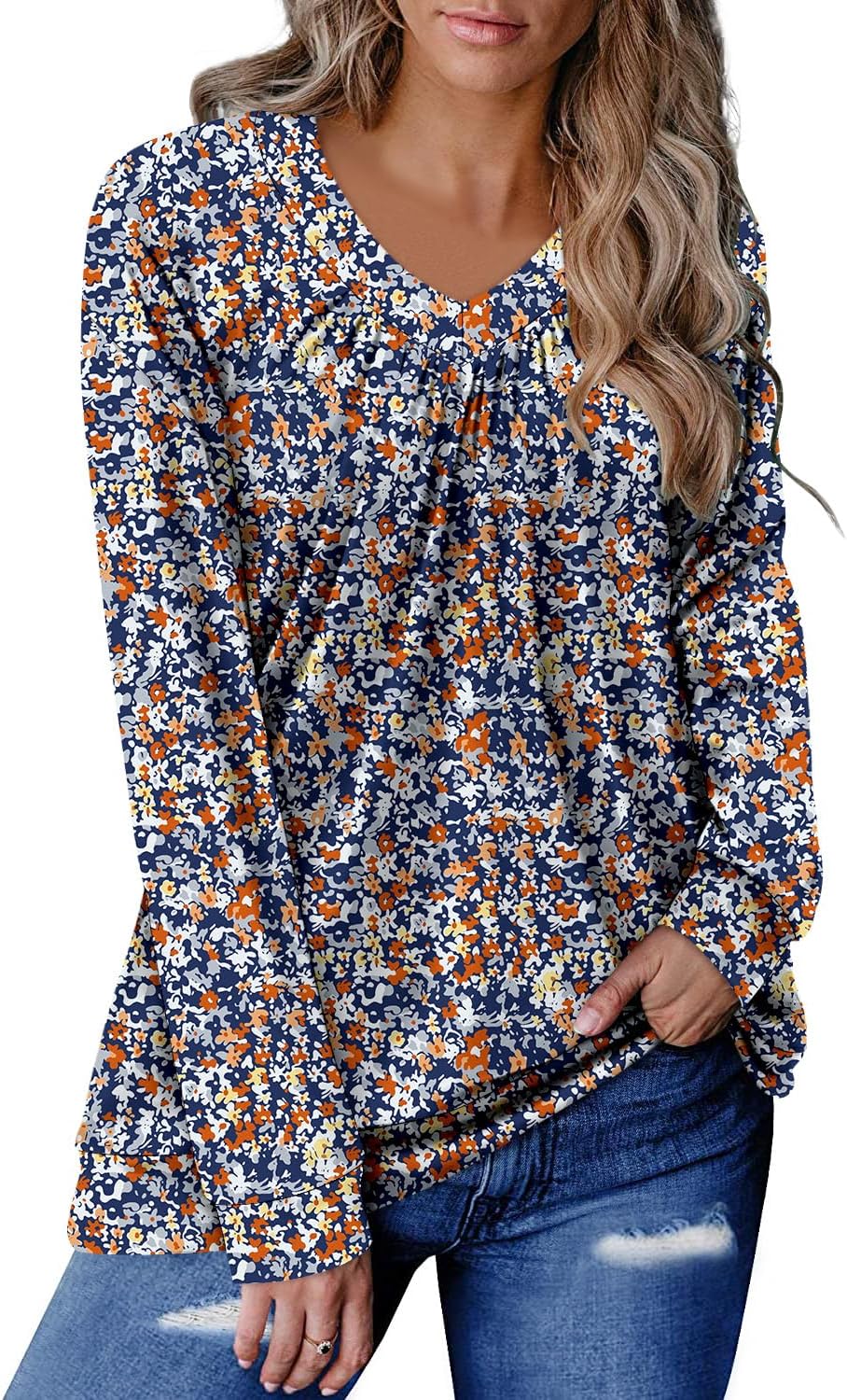 ONLYSHE Women’s Blouses with Long Sleeves V Neck Loose Fit Casual Pullover Tunic Tops