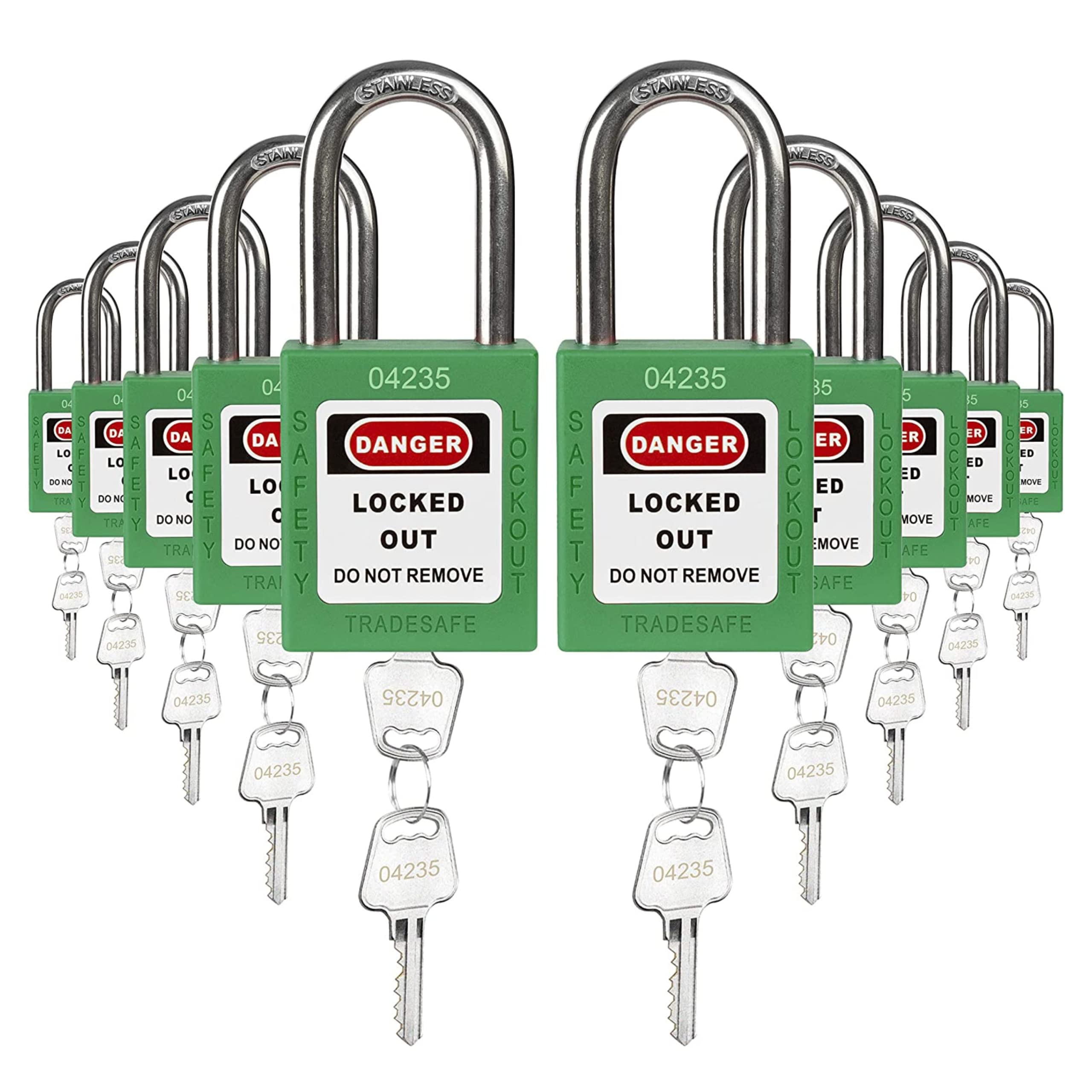 TRADESAFE Lockout Tagout Locks Set - 10 Green Keyed Alike Padlocks, 2 Keys Per Lock, OSHA Compliant Loto Locks for Lock Out Tag Out Stations, Premium Grade