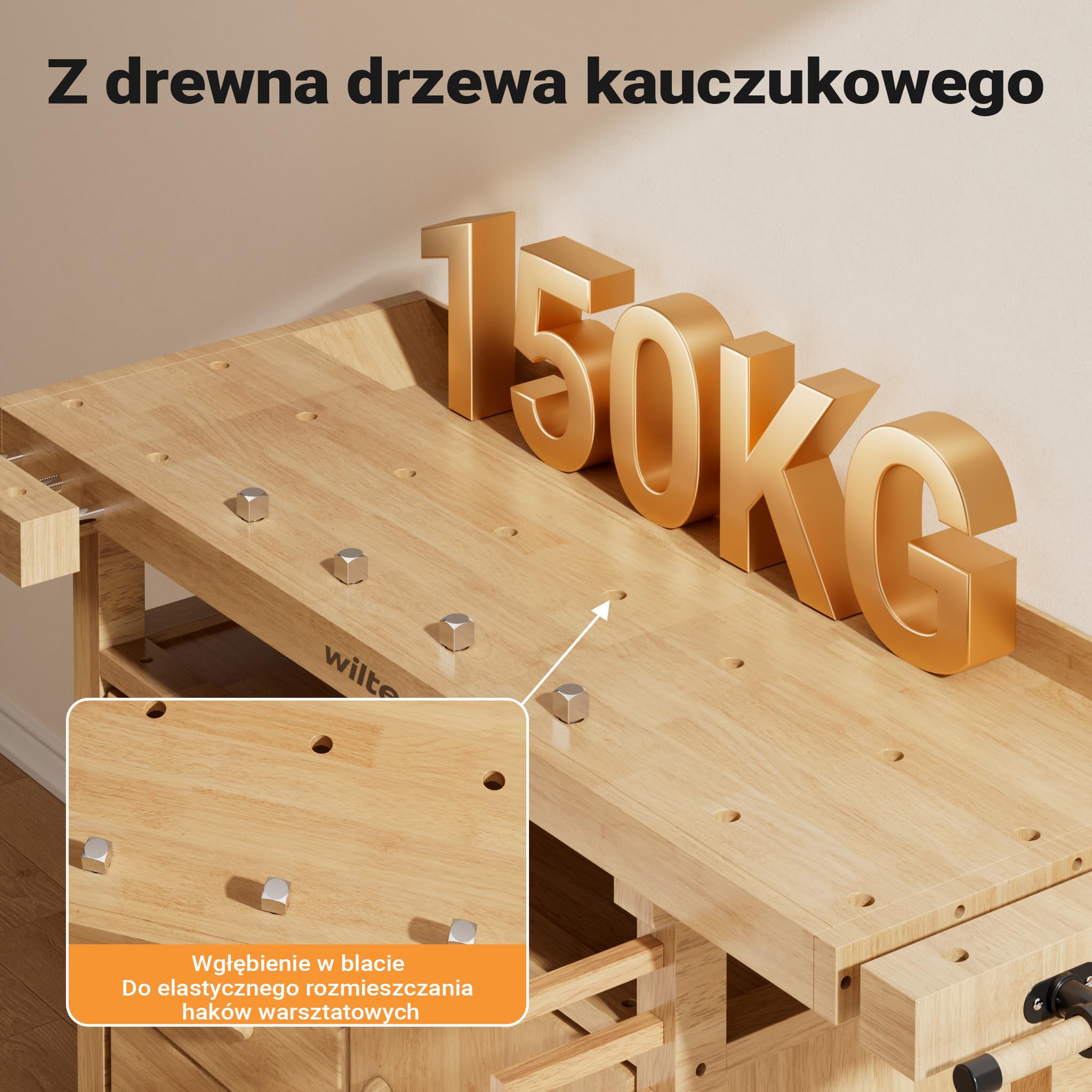 Wiltec Strugnica stół warsztatowy z drewna 126x50x84cm ława stolarska imadła haki szuflady i półka