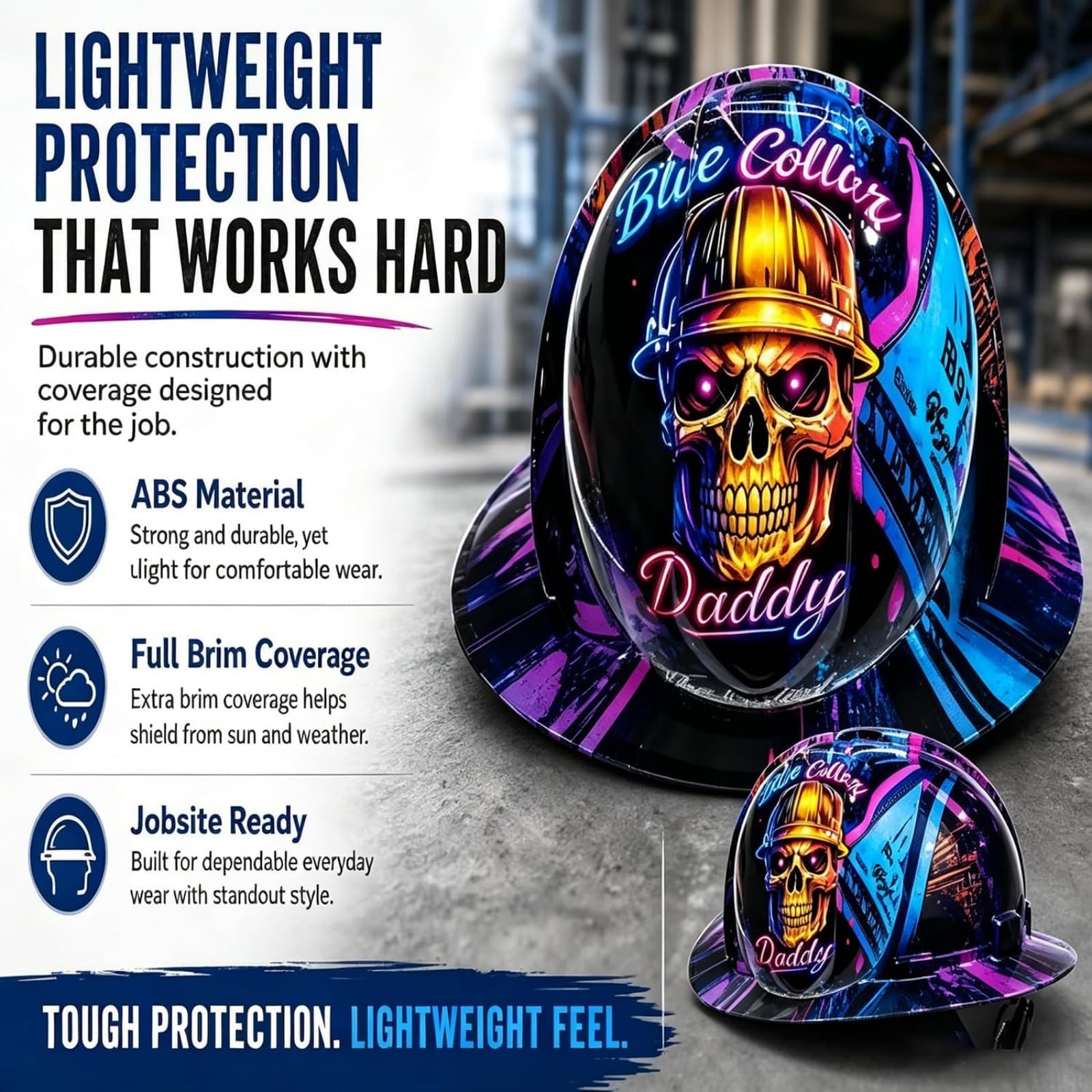 Casco da cantiere "Blue Collar Daddy" con stampa idrografica, casco da cantiere divertente, casco di sicurezza rigido con grafica a teschio, equipaggiamento da lavoro resistente agli urti
