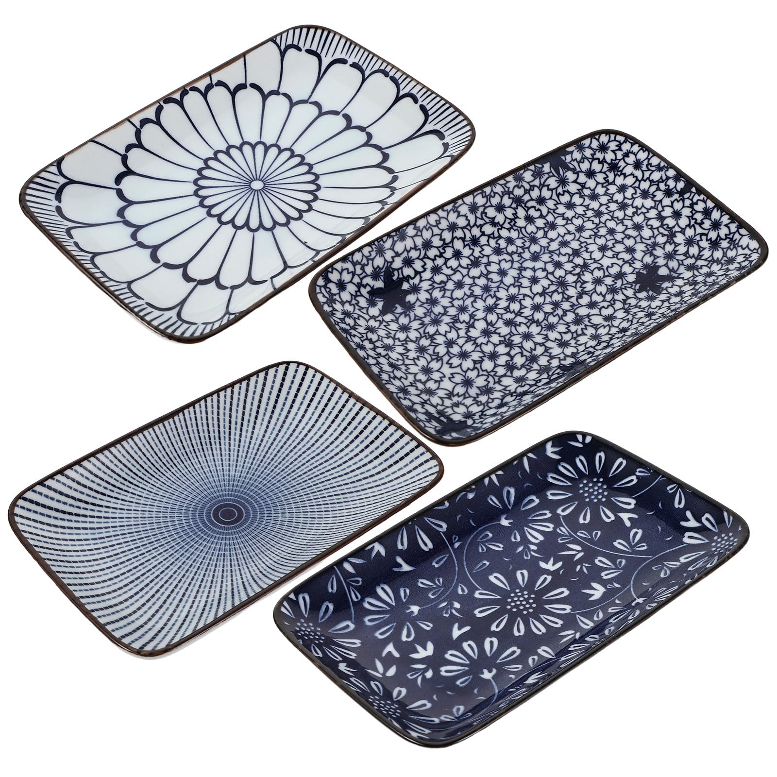 Veemoon Ensemble de 4 Assiettes Plates en Céramique Rectangulaires Bleu Vintage Design Japonerie pour Repas Décontractés et Dîners Surface Lisse et Gain de Place