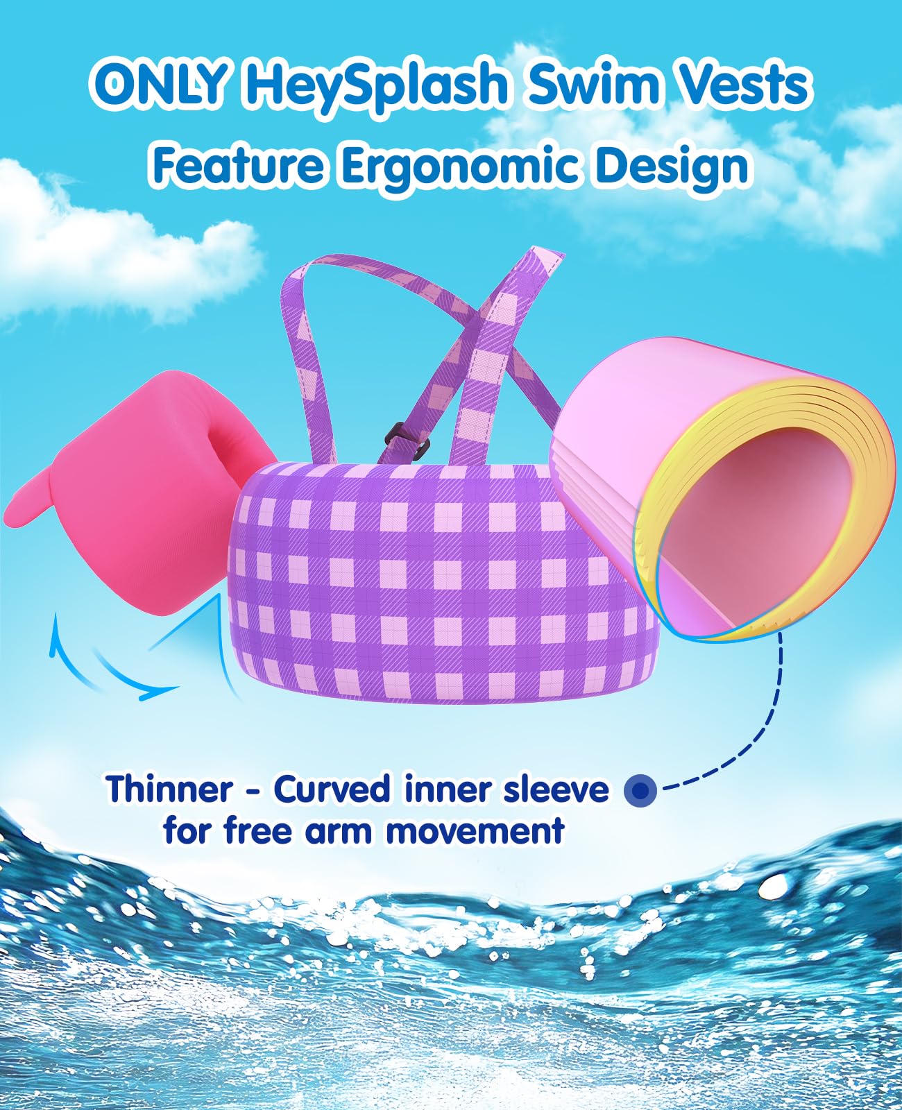 HeySplash Gilet da Nuoto per Bambini, Braccioli Galleggianti da Bambini con Peso 13-30/22-44lbs Anni 2-6, Giubbotto Galleggiante Bracciali Nuoto con Cinghia Regolabile per Bambini