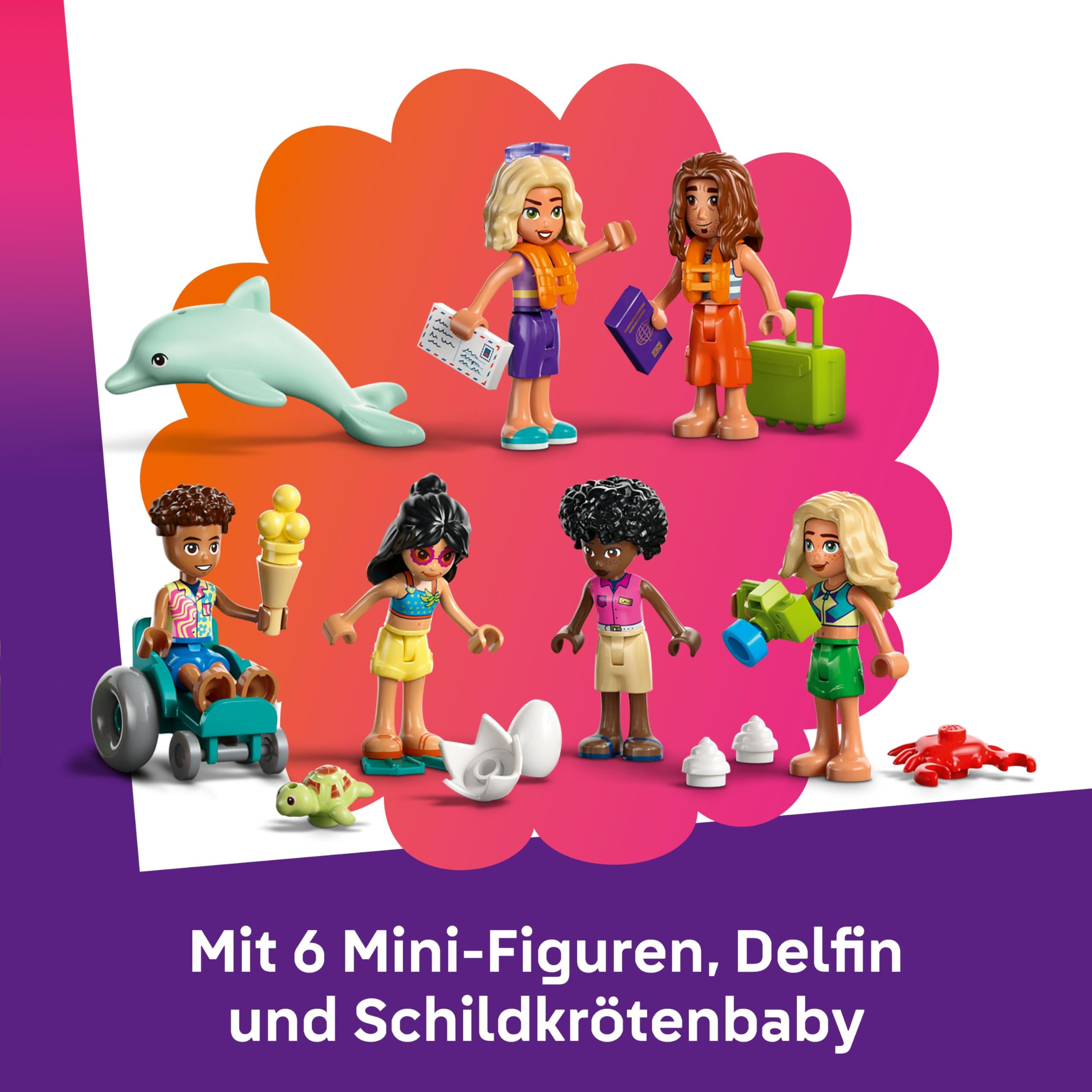 LEGO Friends Familienurlaub im Strandresort - Spielzeug mit 6 Mini-Puppen, Schildkröten- und Delfinfiguren, Eisdiele und Zubehör - Kinder Geschenk für Mädchen ab 8 Jahren - 42673