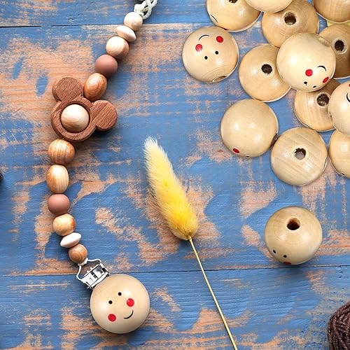 Miniatura 9 de 100 cuentas de madera de cara sonriente de 0.98 pulgadas (0.984 in), cuentas de madera suelta de madera, cuentas espaciadoras para manualidades,
