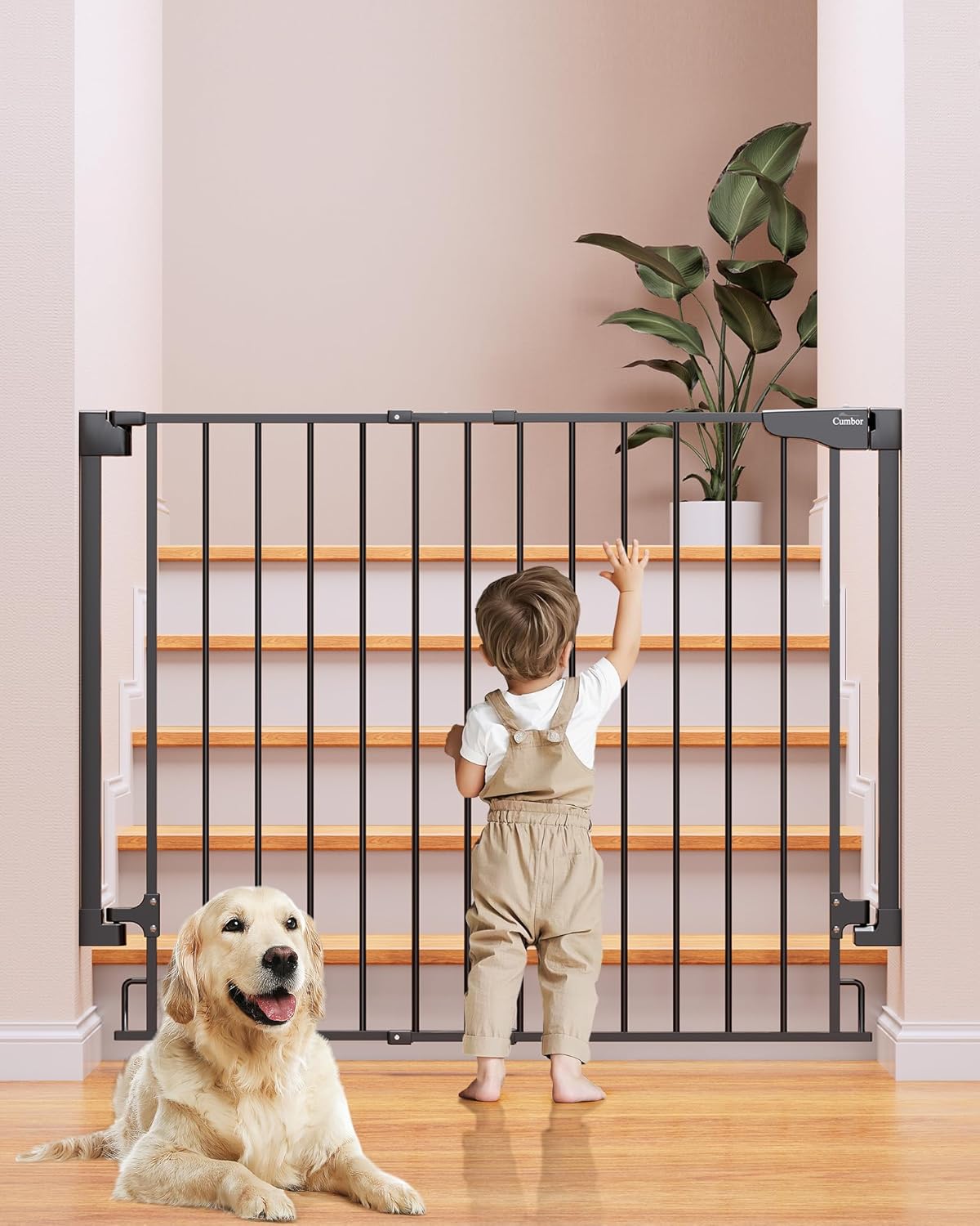 Cumbor 34" Extra Tall No Bottom Bar Baby Gate for Stairs, Wall Mounted Dog Gate Indoor for Larger Pets, Expandable 29.2-43" Safety Gate for Doorways, Wide Walk Thru Door for Easy Access (Black) Black 29–43" W, Extra Tall