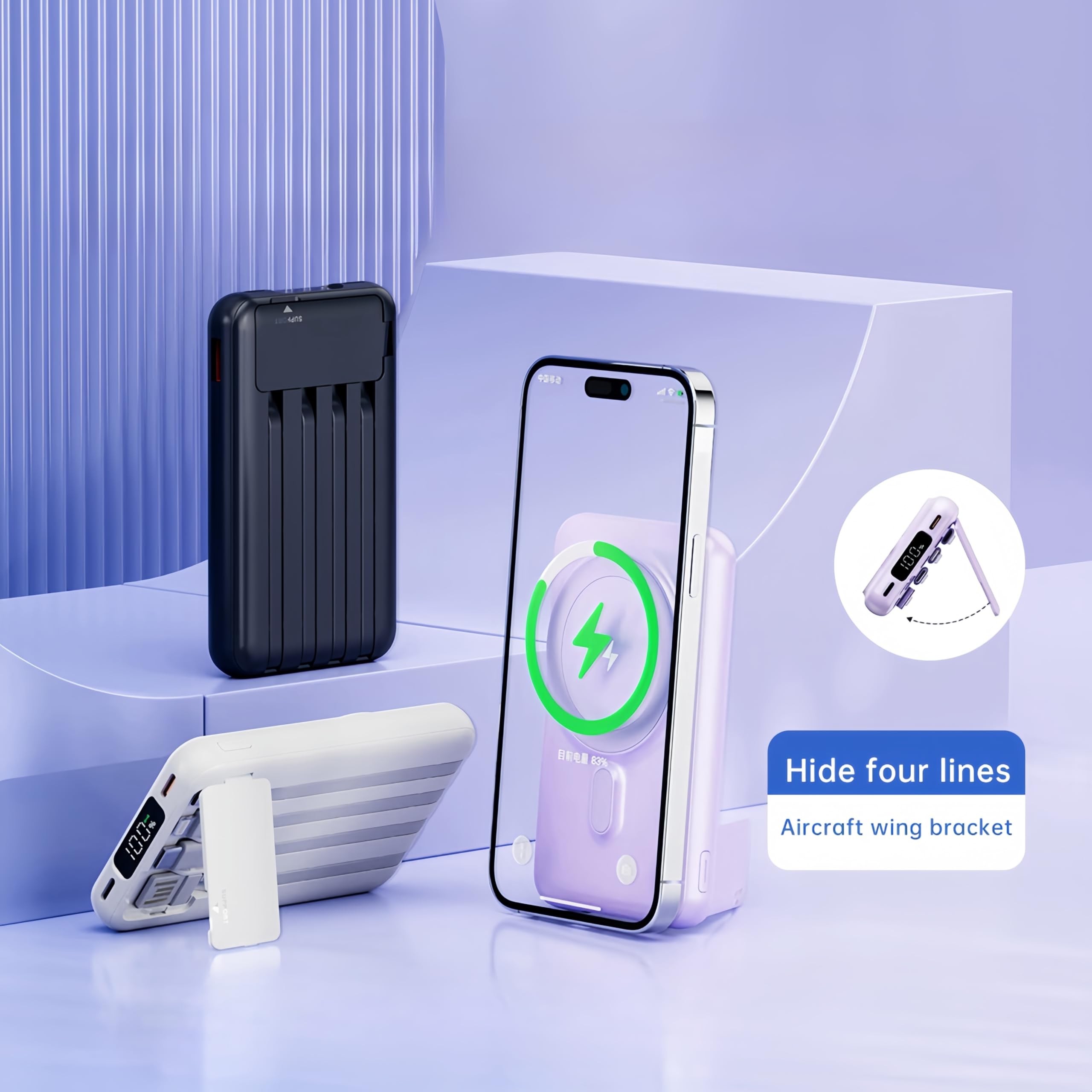 RCHL for Magsafe Portable Charger, 10,000mAh Magnetic Power Bank Built in 4 Cables LED Display and Stand, 22.5W 5-in-1 PD Fast Charging Battery Pack for iPhone 16/15/14/13, for Samsung Galaxy S25/S24