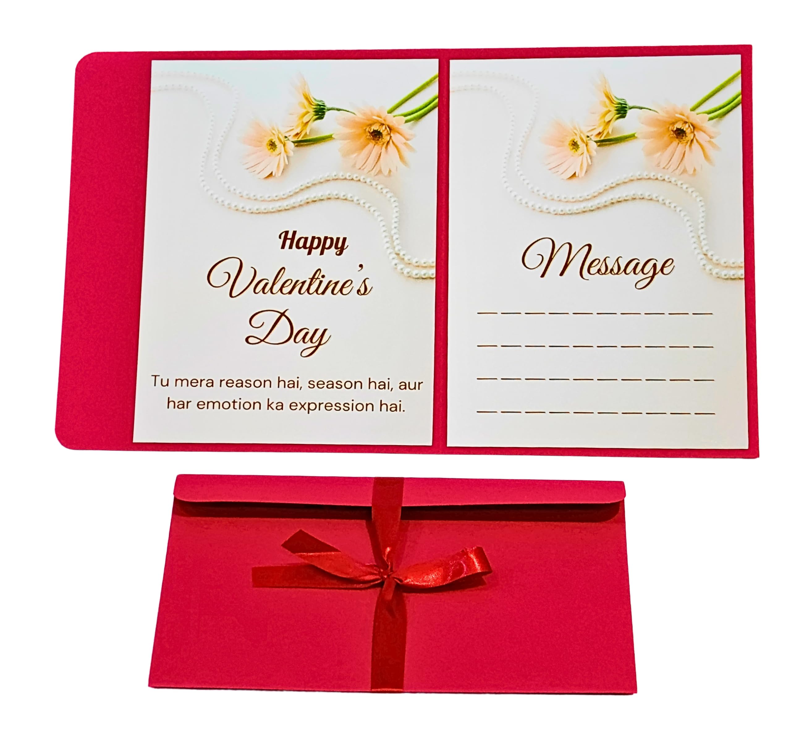 Elegant Valentine's Day Card with Floral Design, Red and White, Romantic Hindi Message, Pearl Pattern Embossed, Message Writing Space (4 x 6 inch)