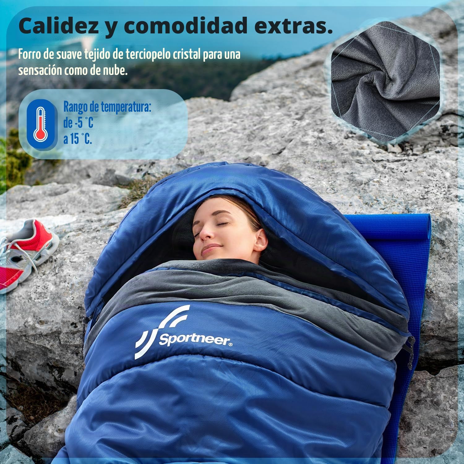 Sportneer Saco de Dormir Adulto Invierno, 230×90cm Saco Dormir Capucha Desmontable – Cálido y Suave, Impermeable y Portátil, Ideal para Camping,Temperatura -5°C a 15°C