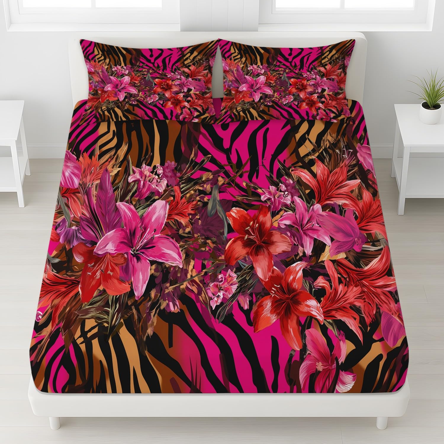 Juego de sábanas bajeras tamaño king con estampado de plantas y animales, 30 cm de profundidad, diseño de flores silvestres, microfibra cepillada suave, resistente a la decoloración, transpirable, 150