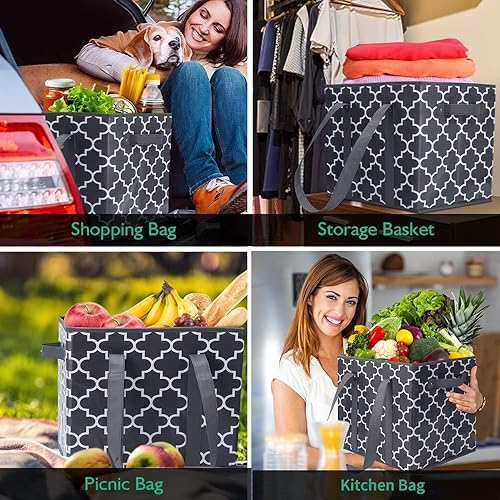 Miniatura 6 de WISELIFE - Paquete de 4 bolsas de compras grandes, plegables y reutilizables, canastas de almacenamiento lavables y resistentes al agua, color gris