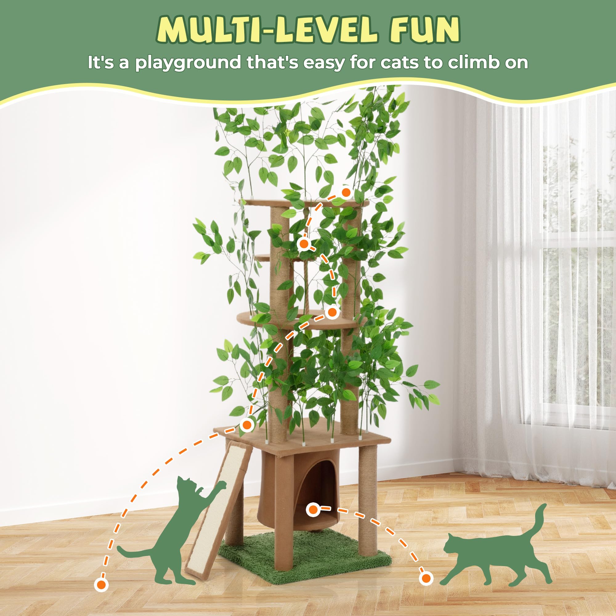 COZIWOW Cat Tree with Leaves,77 Inches Cat Climbing Tower for Indoor Cats,Multi-Level Activity Cat Scratching Tree for Large Cats 44lbs with 6 Sisal Scratching Post&Cat House