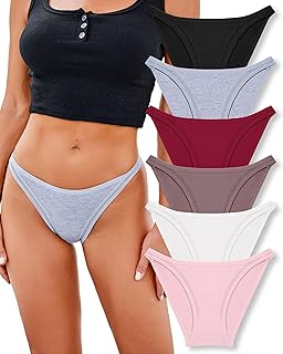 FINETOO 6 Pack String Underwear for Women Cotton High Cut Stretch Breathable Low Rise Hipster Cheeky Bikini Panties S-XL