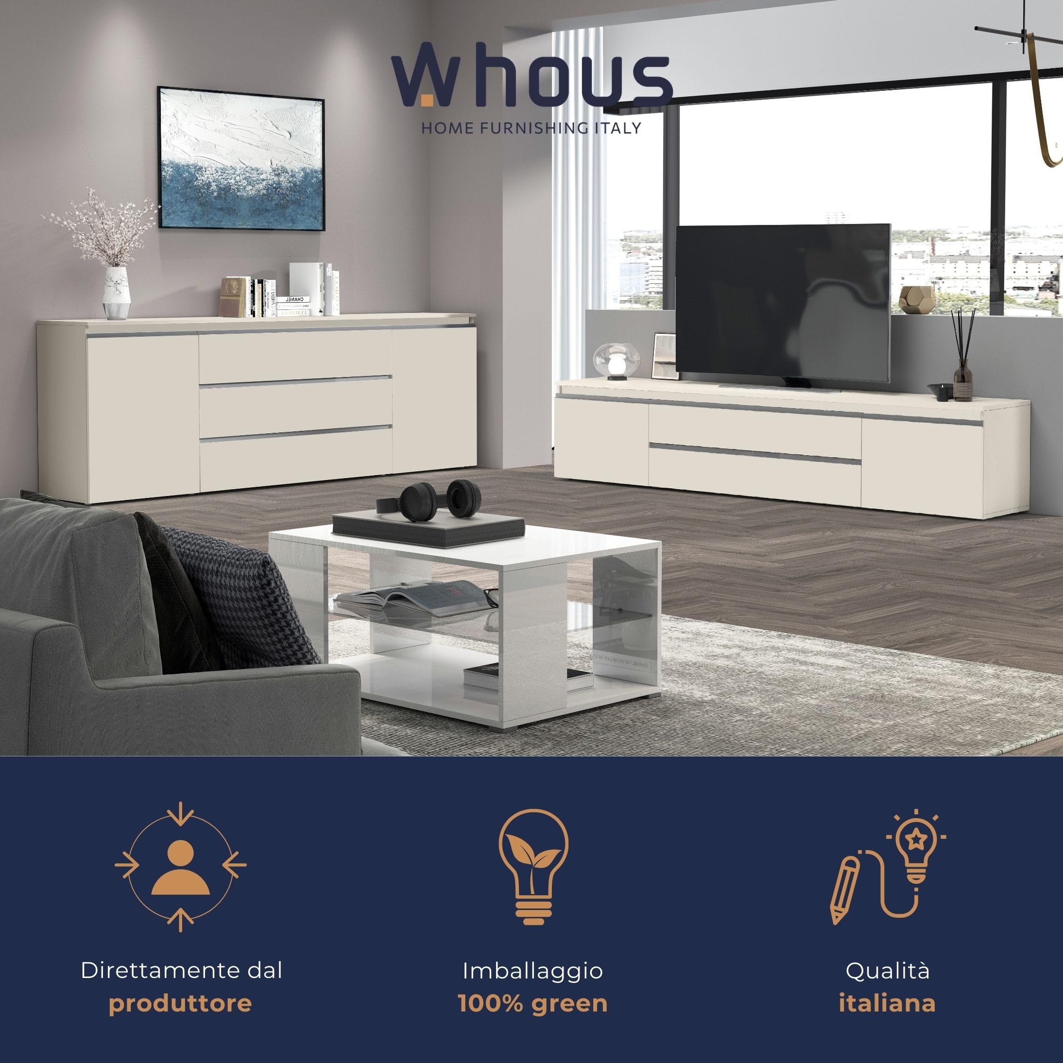 WHOUS Credenza e Buffet MAGIC per Soggiorno con 3 Ante e 3 Cassetti, Madia per Salotto, Cucina e Sala da Pranzo in Legno, 200x40x80, Cashmere