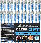 CableGeeker Cat6A Ethernet Patch Cable 0.5ft 24Pack White,High-Speed 10Gpbs, 550MHz Slim Patch Cables, 28AWG Flexiable Network Cord with Gold Plated, Snagless Internet Cord for Patch Panel