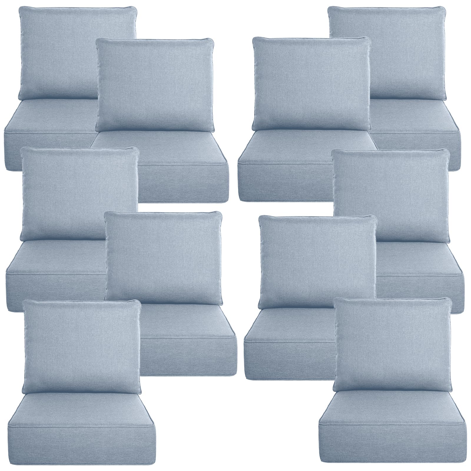 Luxury 6" Thick Outdoor Cushion Set 10 - 24x24 Patio Furniture Cushions with 28D High-Density Foam, Water-Resistant &amp; Fade-Resistant Fabric, Removable Covers for Patio Furniture Sofa Couch -Baby Blue