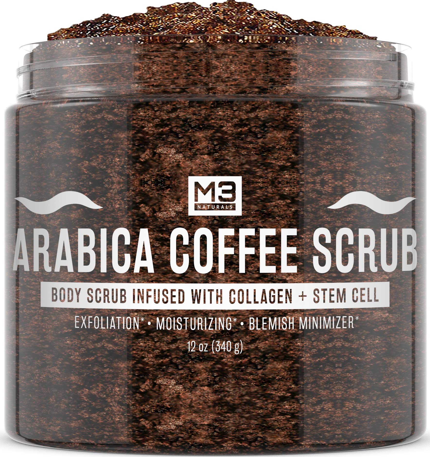 M3 Naturals Arabica Coffee Scrub Infused with Collagen and Stem Cell - Natural Body and Face Scrub for Acne, Cellulite, Stretch Marks, Spider Veins, Scars - Skin Care Exfoliator 12 oz