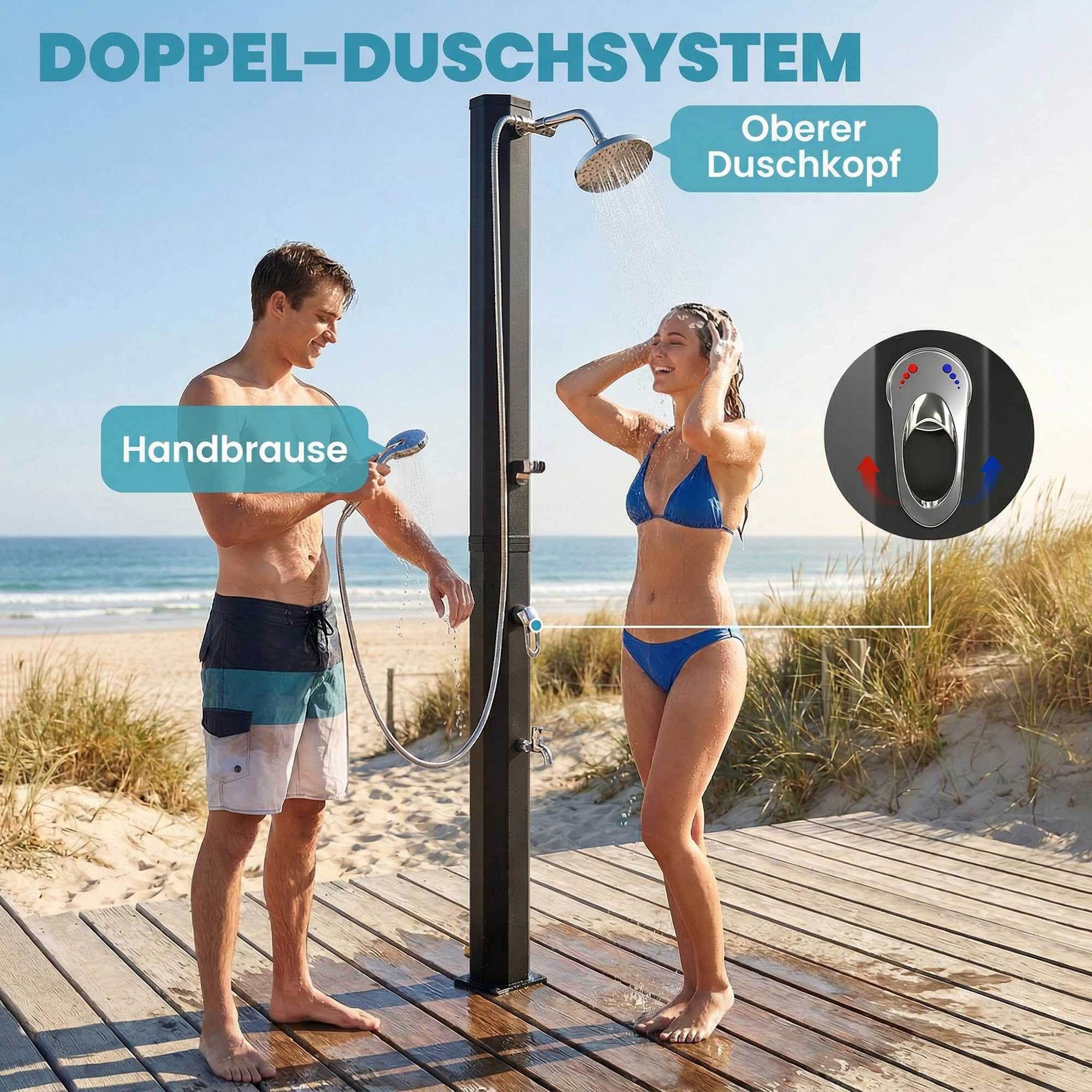 Outsunny Prysznic solarny z ochroną przed zamarzaniem, obrotowa, 35 l | kran, przyłącze węża ogrodowego, prysznic ogrodowy, prysznic basenowy do 60°C, bez przyłącza prądu, do ogrodu, na kemping