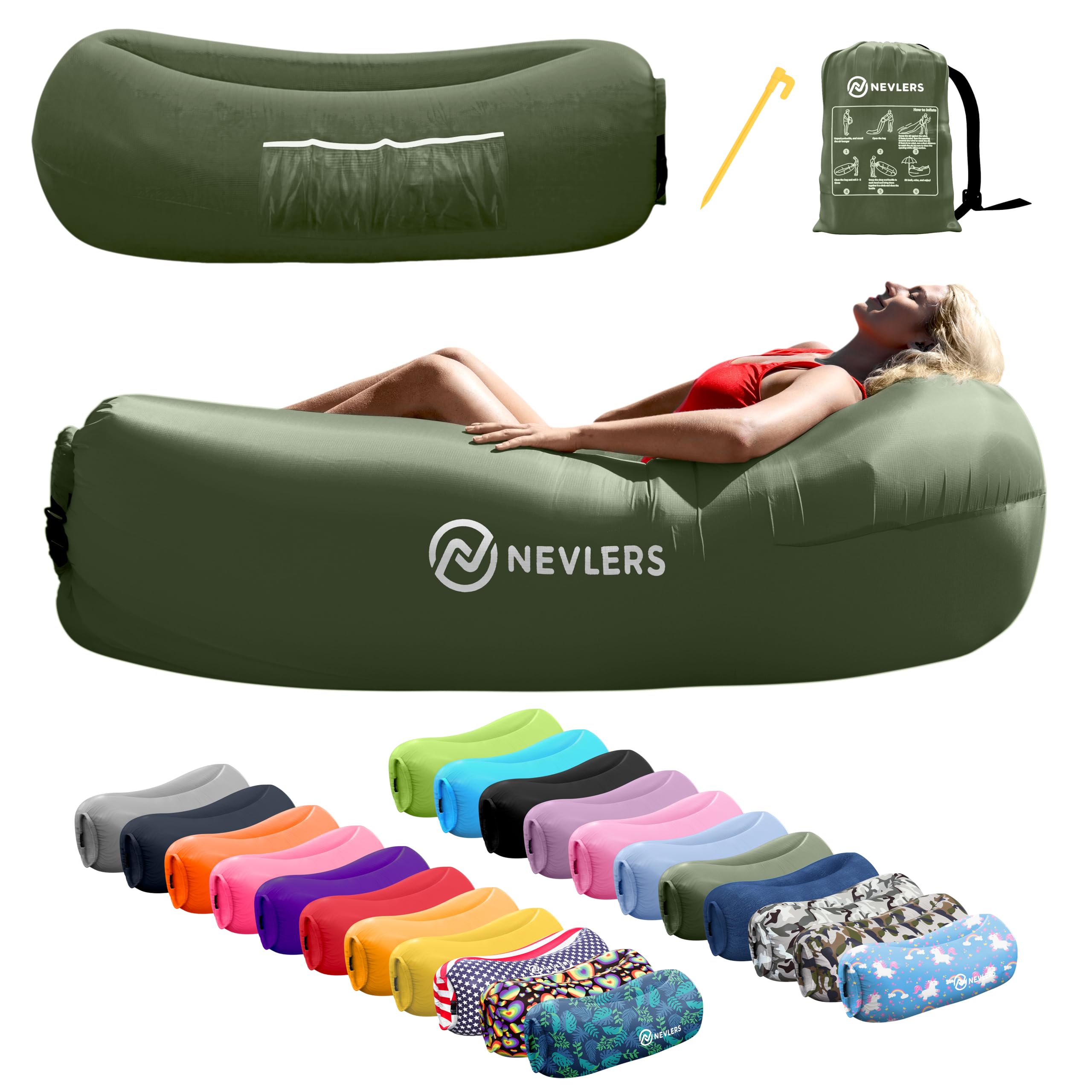 Nevlers 450 Lbs. Cap Air Couch Inflatable Sofa in Military Green| 210T Polyester Inflatable Hammock | Waterproof Inflatable Lounger Beach Chair | Blow Up Couch for Camping, Movie Nights & Festivals-picture-27