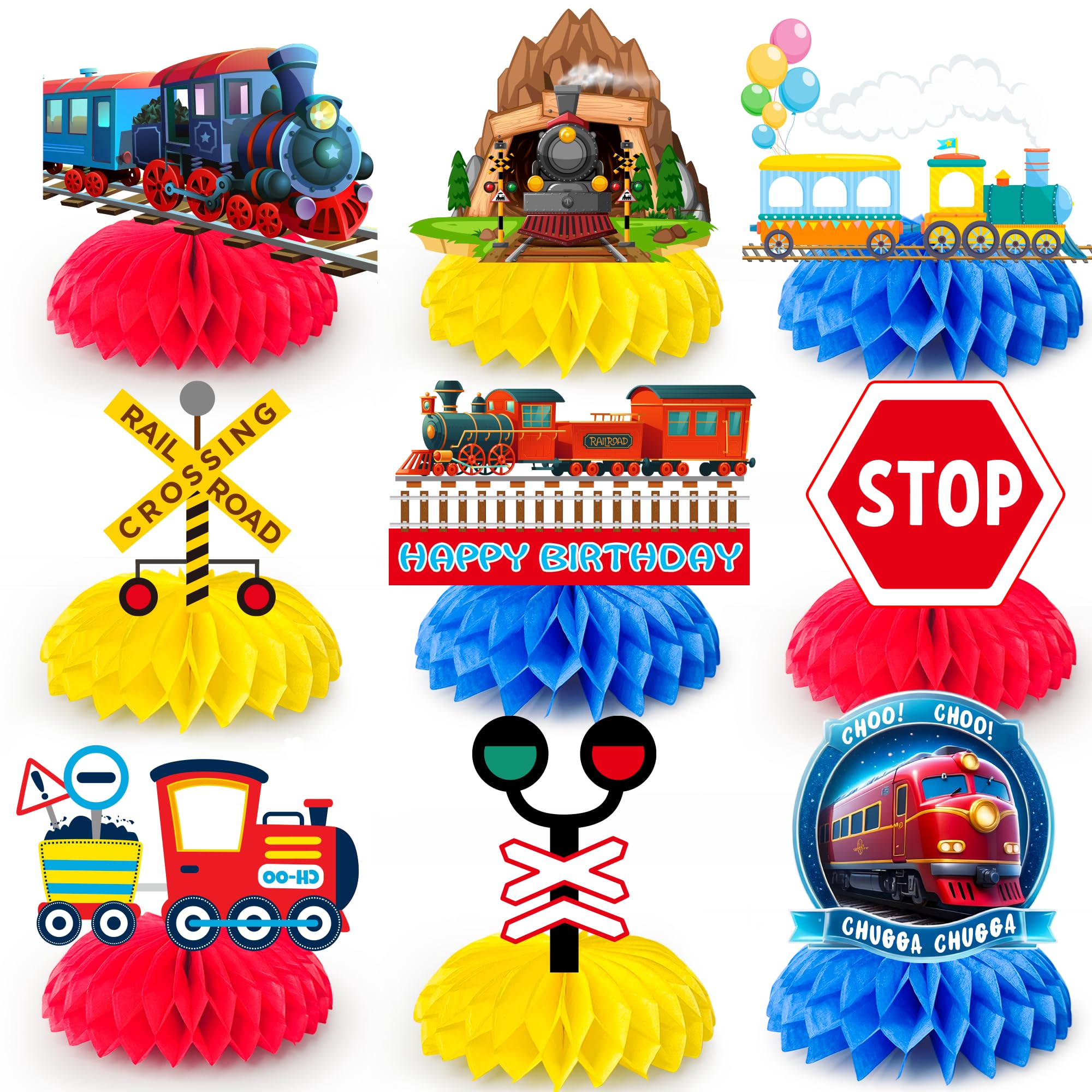 Train Honeycomb Centerpiece,9Pcs Train Party Decorations Honeycomb Centerpieces Kit- Train Party Honeycomb Centerpiece&Train Birthday Honeycomb