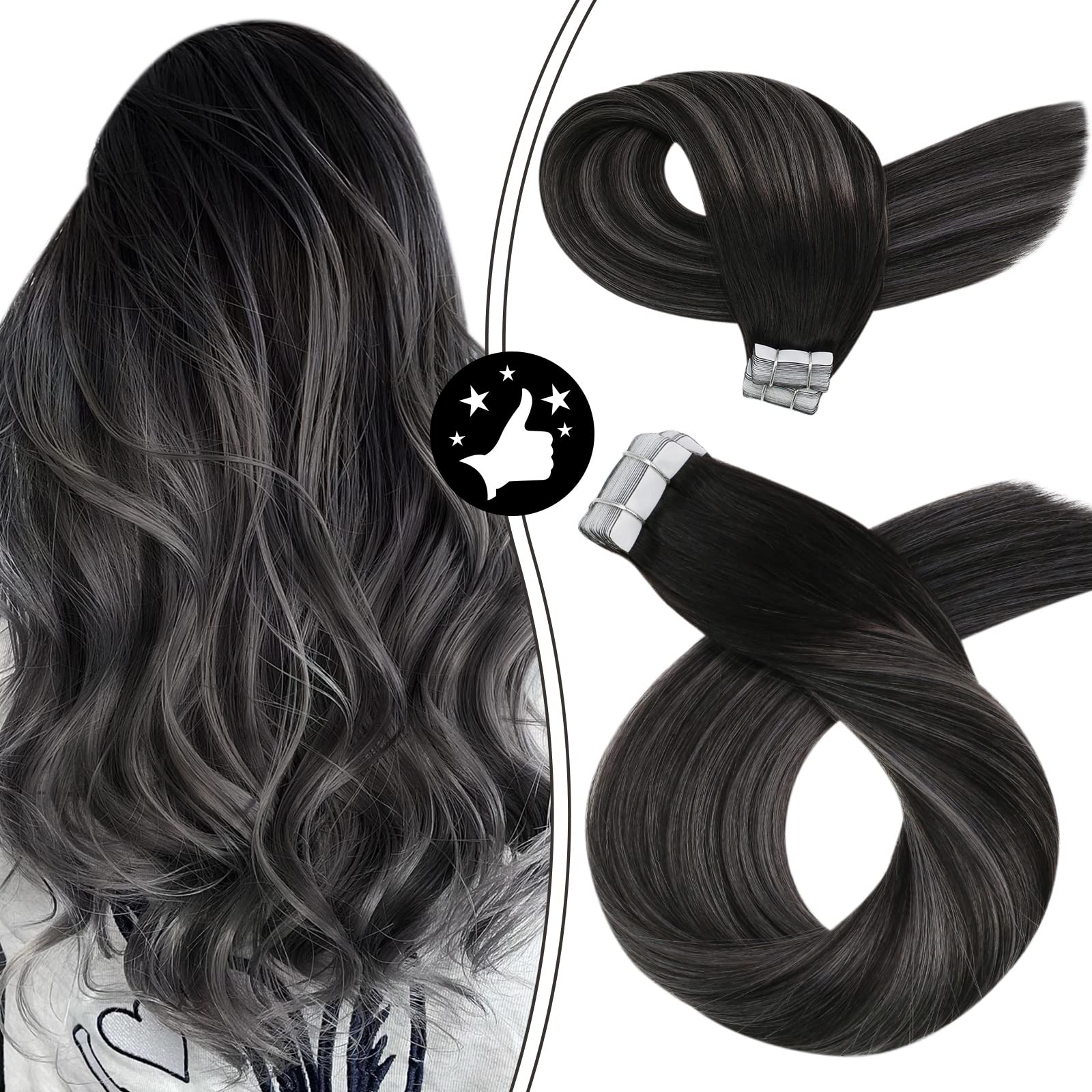 Moresoo 24 Inch Tape on Hair Extensions Remy Human Hair Off Black #1B to Gray Silver Balayage Colored Seamless Skin Weft Tape in Hair Extensions Adhesive Human Hair 20pc/50g