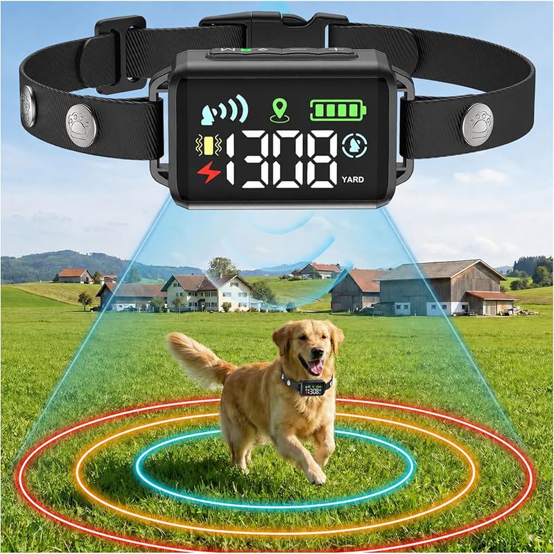 Sistema de cerca de collar de perro inalámbrico GPS, cerca eléctrica para perros con batería 48H, cerca invisible GNSS para perros de más de 15 libras, IPX7 impermeable, ajustable 33-1999 yardas, 3 modos de entrenamiento para exteriores