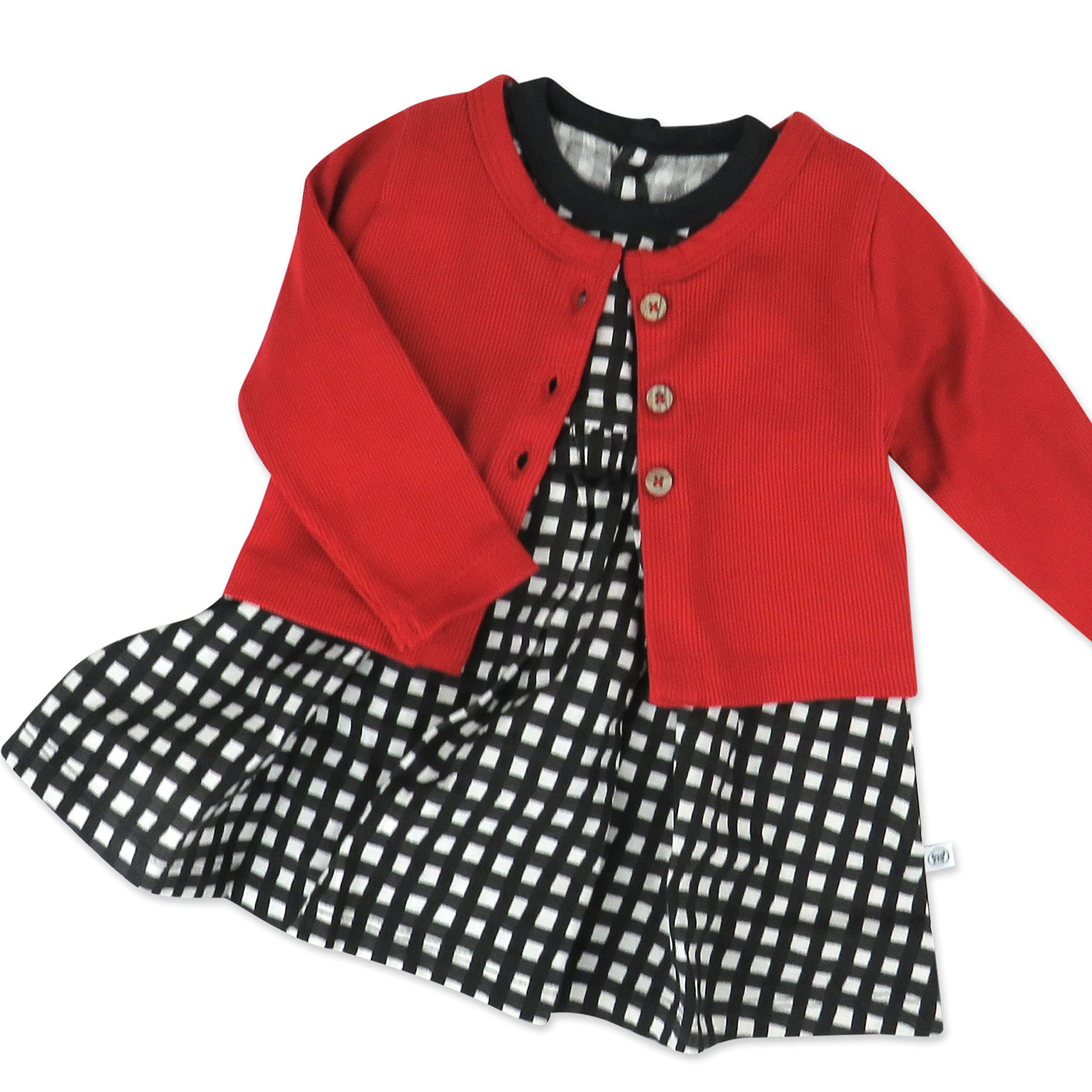 HonestBaby Holiday Outfit Sets Tops and Bottoms 100% Organic Cotton for Baby and Toddler Girls, Mini Painted Buffalo Check, 12 Months