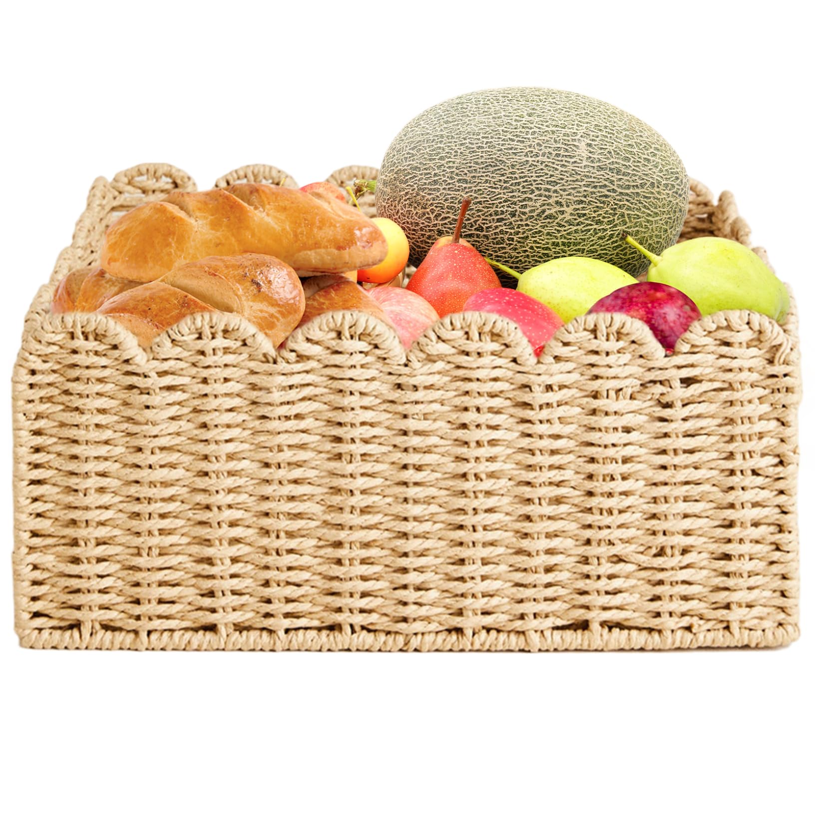 Wedhapy Scalloped Basket,Seagrass Baskets 14.2x10.6x5.9 Wicker Basket, Recycled Paper Rope Woven Storage Basket for Kitchen Bathroom, Decorative Pantry Baskets