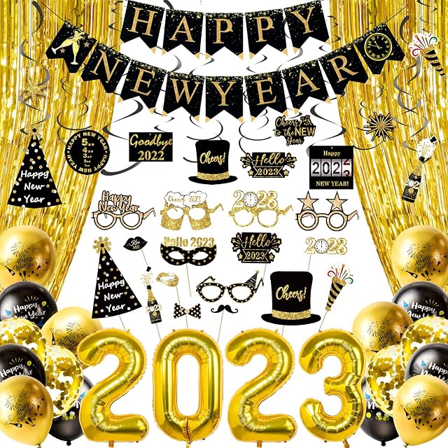 iZoeL Happy New Year Decorations 2023 Black Gold Happy New Year Banner 2023 Balloons Gold Fringe Curtain 2023 Glasses New Year Photobooth Props Hanging Swirl for 2023 New Years Eve Party