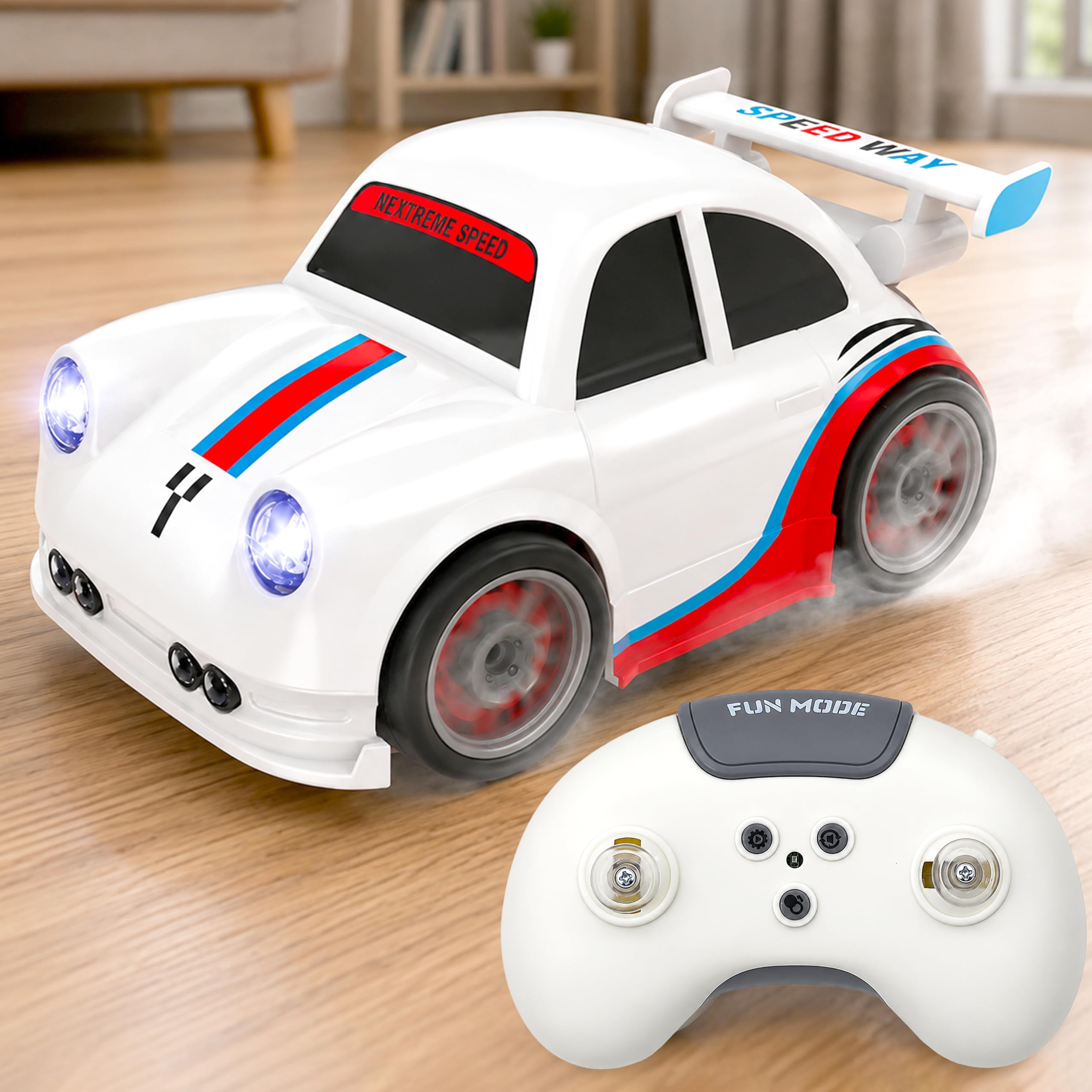 VGRASSP 2.4GHz Rechargeable Mini RC Drift Stunt Car Toy for Kids with LED Headlights and Sound Effects - Interactive Remote Control Racing Car with Follow Me and Escape Mode - White-image-11