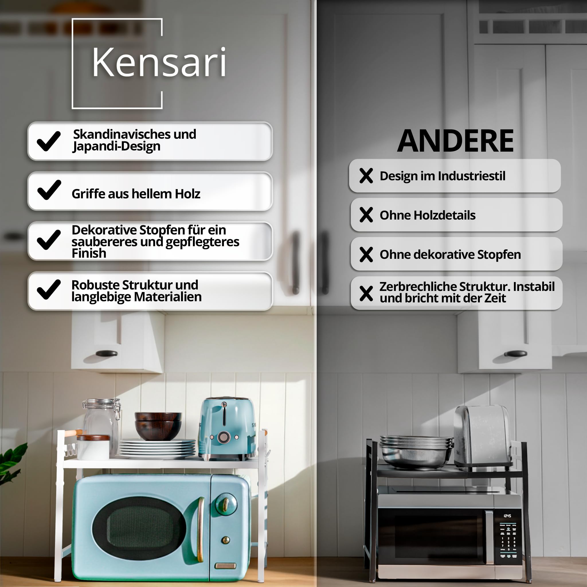 Mikrowellenregal Erweiterbar 40–60 cm – Weißes Küchenregal mit Holzgriffen für Arbeitsplatte, Höhenverstellbarer Mikrowellenständer aus Stahl, Regal für Mikrowelle, Kaffeemaschine & Airfryer