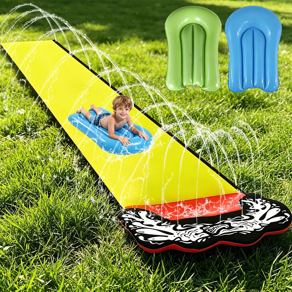Toboggan Aquatique, 480 x 71 cm Toboggan pour Pelouse avec 2 Planches Gonflables, Toboggan de Pelouse d'été avec Arroseur Intégré pour Pelouse et Jeux d'eau en Extérieur