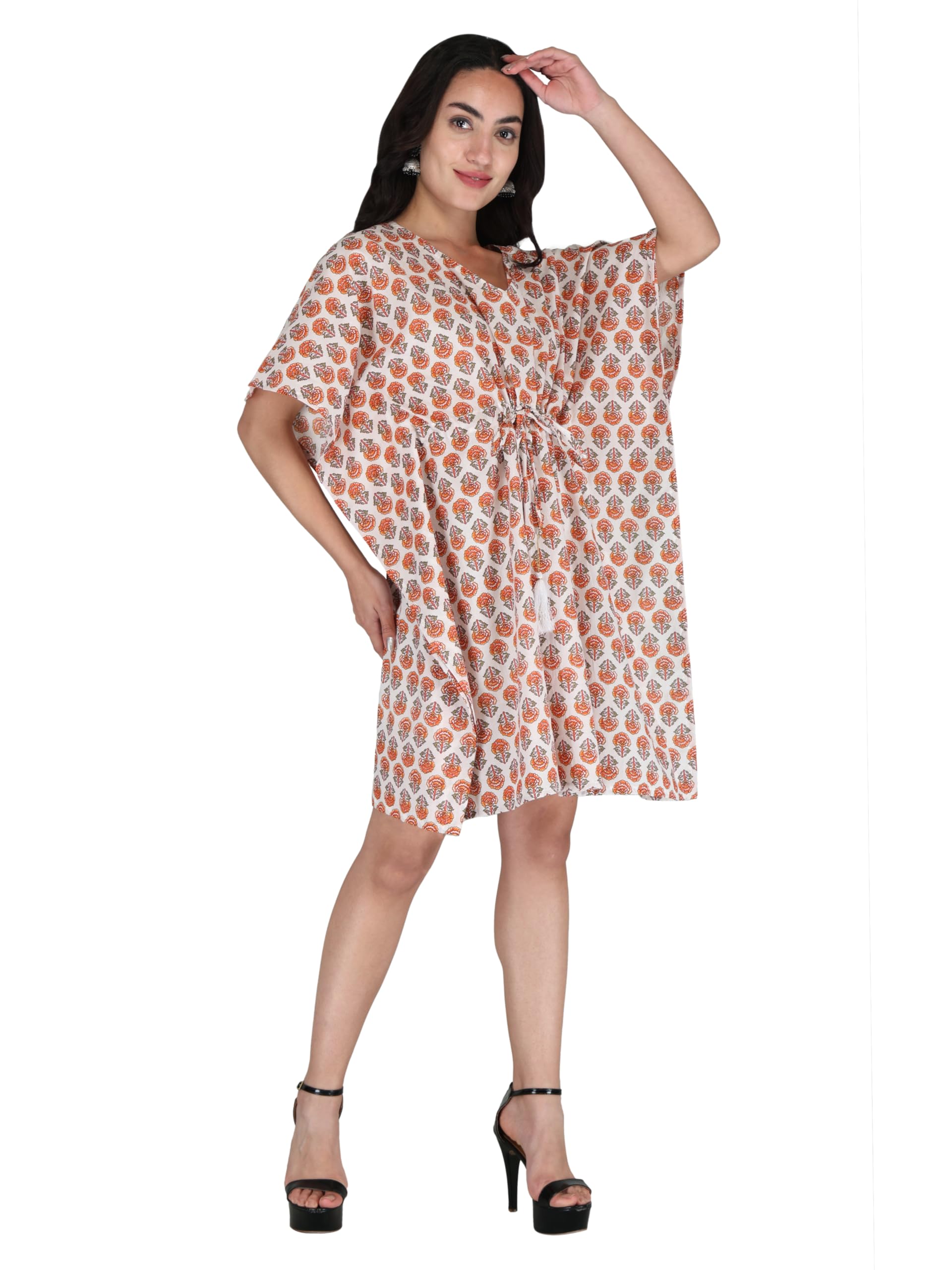 deepnyra - living style Women's Cotton Floral Printed Summer Beachwear Kaftan Coverup (SK704A-White, Red-Free Size)-picture-29