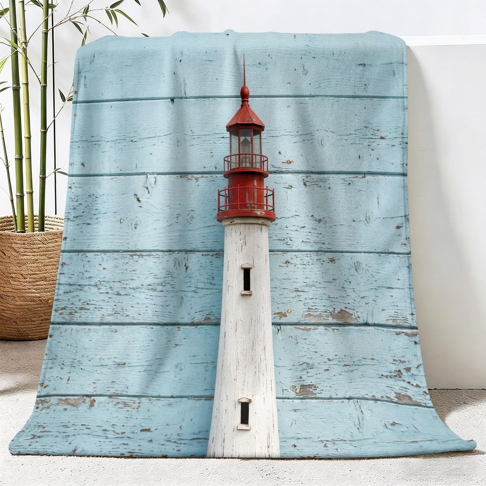 Manta de franela moderna, minimalista, mullida, suave y cálida, con diseño de faro, con tablas de madera, manta impresa para sofá o sofá, para adolescentes y adultos, 180 x 220 cm