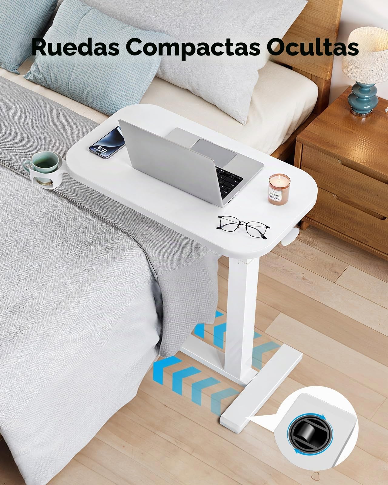 HUANUO Mesa Auxiliar con Ruedas 70x40cm, Mesa Auxiliar Regulable en Altur, Mesa para Ordenador Portátil con Porta Vasos, Escritorio Ergonómico Neumático para Portátil para Oficina en Casa