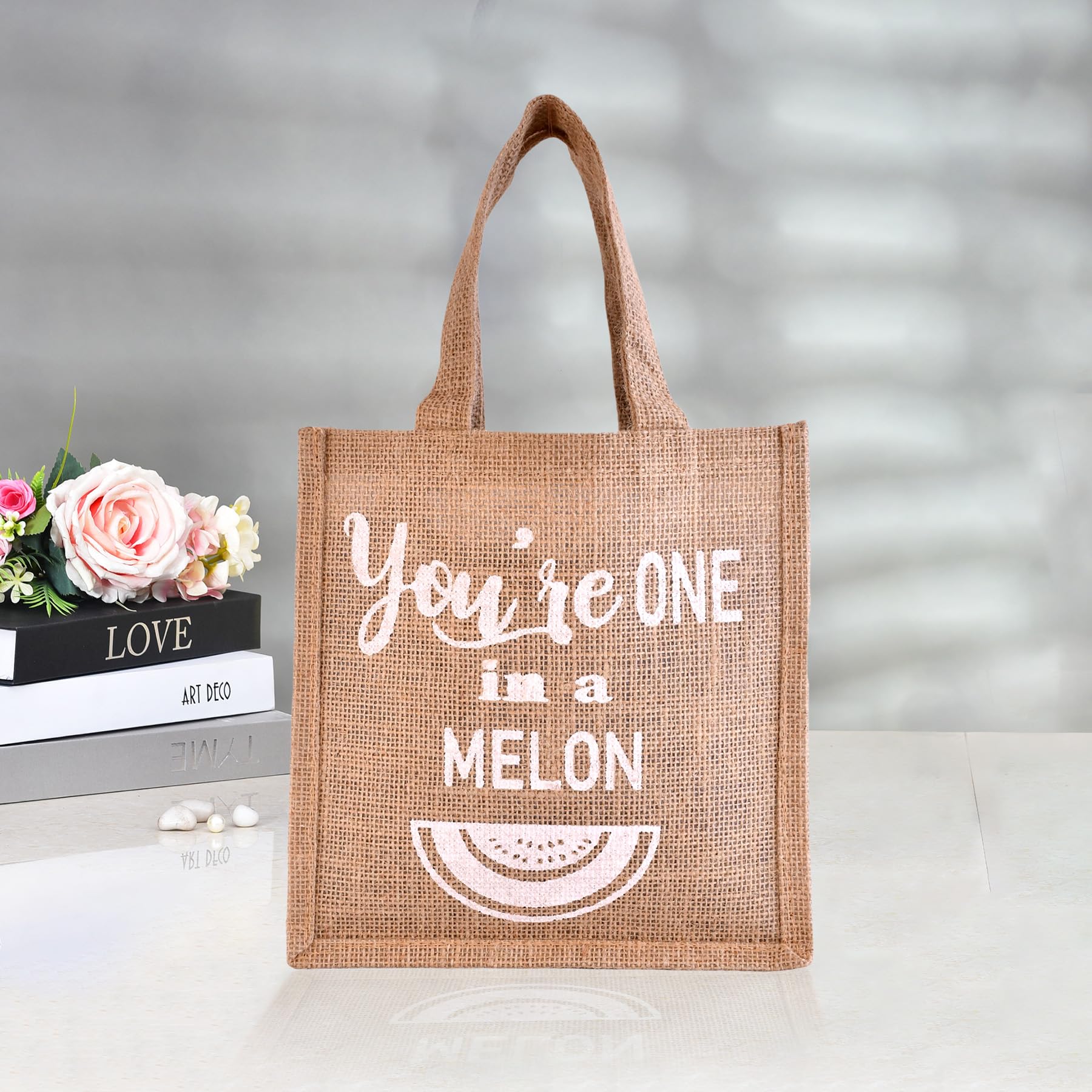 Kuber Industries Reusable Lunch Bag with Handle | Jute Carry Bag | Lunch Handbag for Office | Tiffin Carry Hand Bags | Melon-Print | Small | Brown-image-47