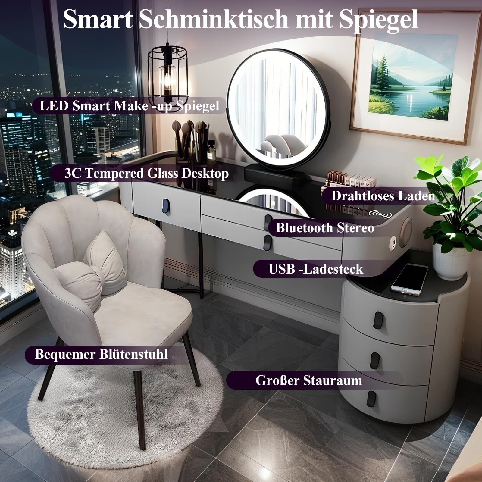 Kosmetiktisch mit Spiegel und Licht Schminktisch mit 6 Schubladen Massivholz Frisiertisch mit Stuhl, Schminktisch mit Bluetooth -Lautsprecher und Drahtloses Laden (Grau mit gehärtetem Glas A, 100CM)