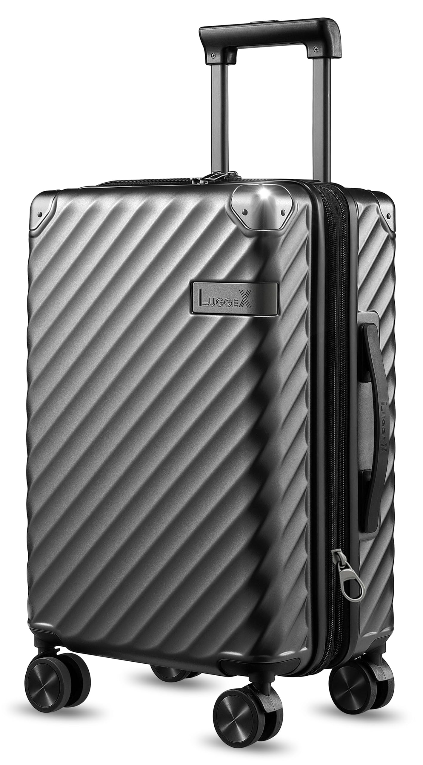 LUGGEXExpandable Carry On Polycarbonate Luggage with Aluminum Corner Protectors 4 Double Spinner Wheels Hard Shell Hand Cabin Travel Suitcase (Charcoal Metallic, 20-Inch)
