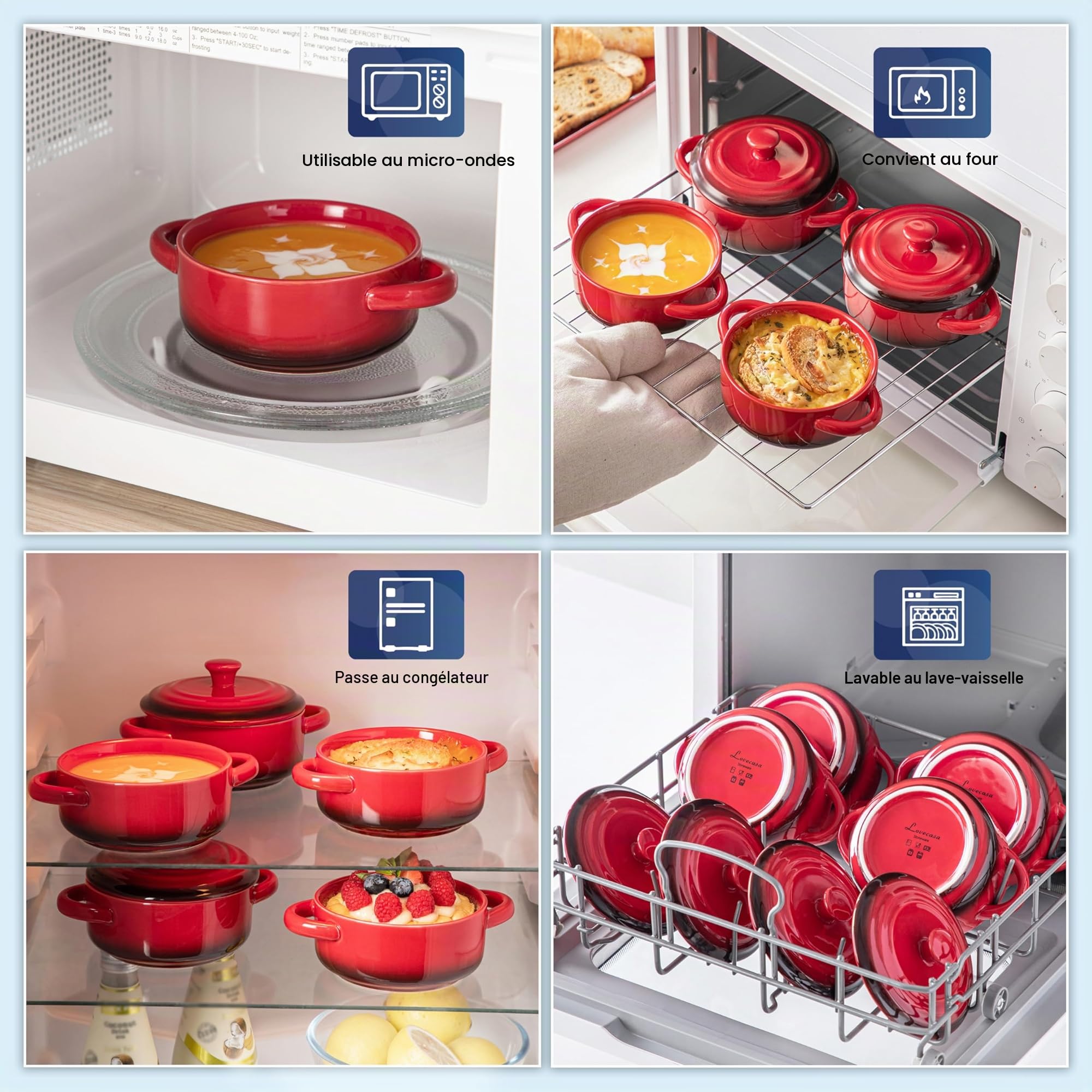 LOVECASA Mini Cocotte Individuelle en Grès pour four avec Couvercle - 4 X 380 ml Petite Cocottes Ronde Ramequin Crème Brûlée pour la Cuisson - Passe au Lave-vaisselle - Rouge Dégradé (Ø12.3 x H5.1 cm)